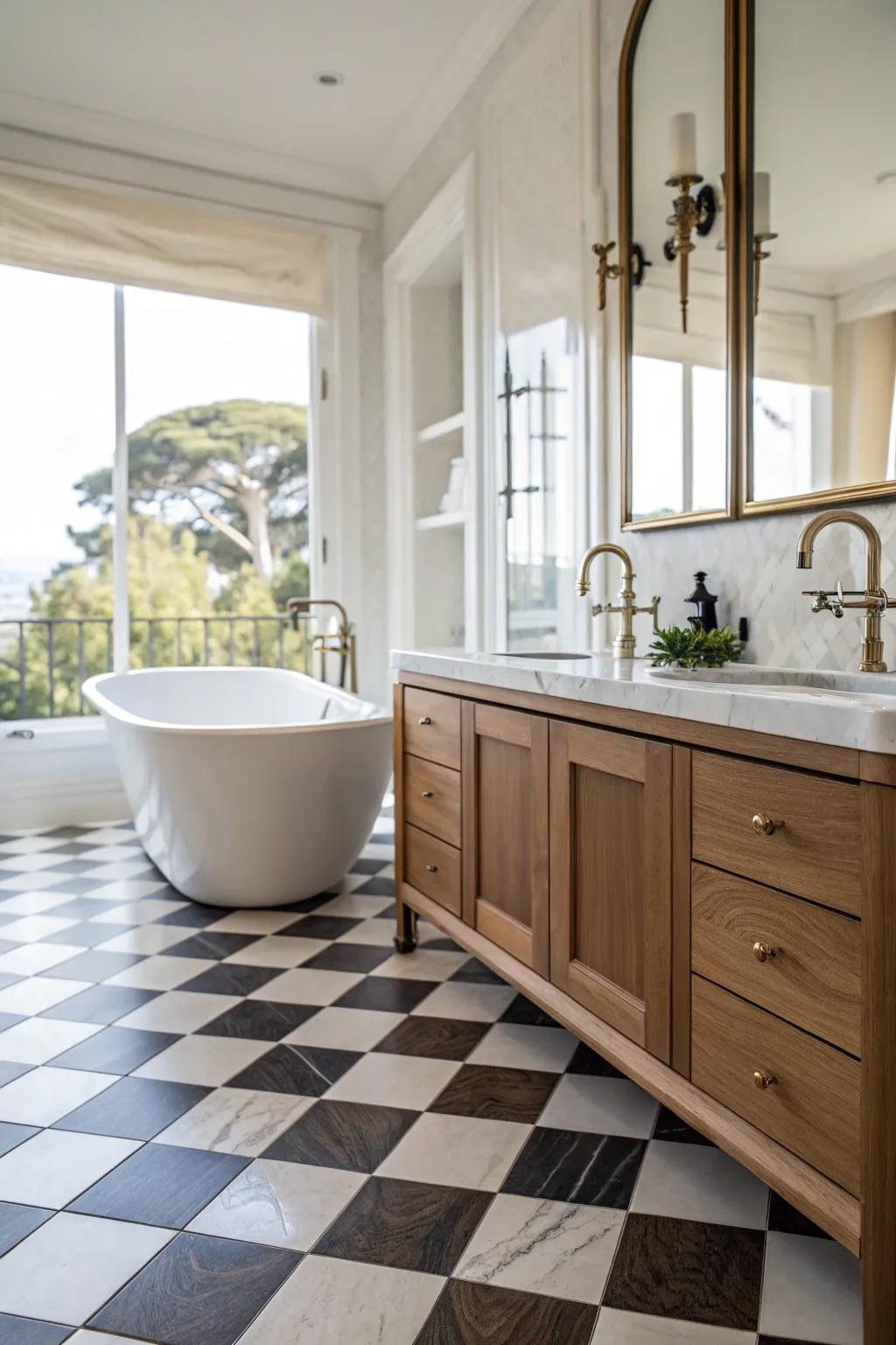 A stylish bathroom featuring a playful tilework wood floor.