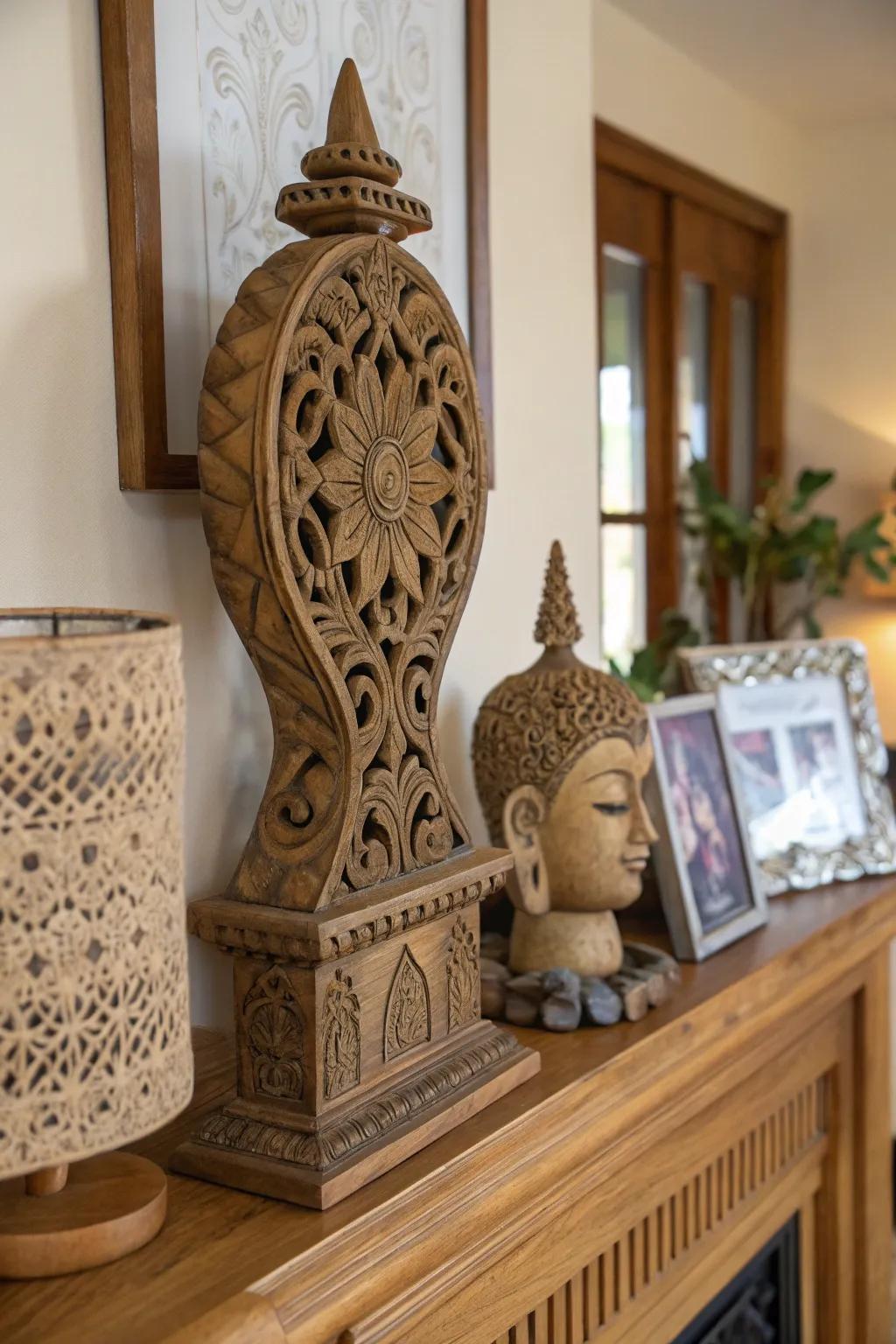 Appreciate the craftsmanship of timber sculptures displaying intricate patterns.