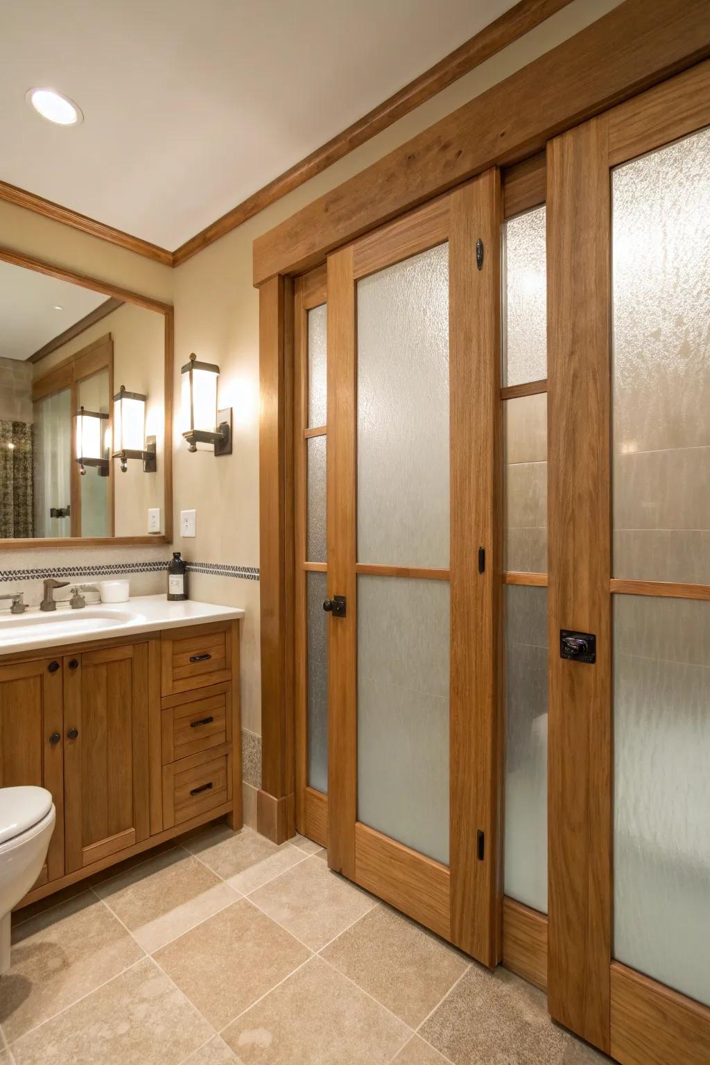 Frosted glass and timber unite to deliver a harmonious mix of discretion and styling.