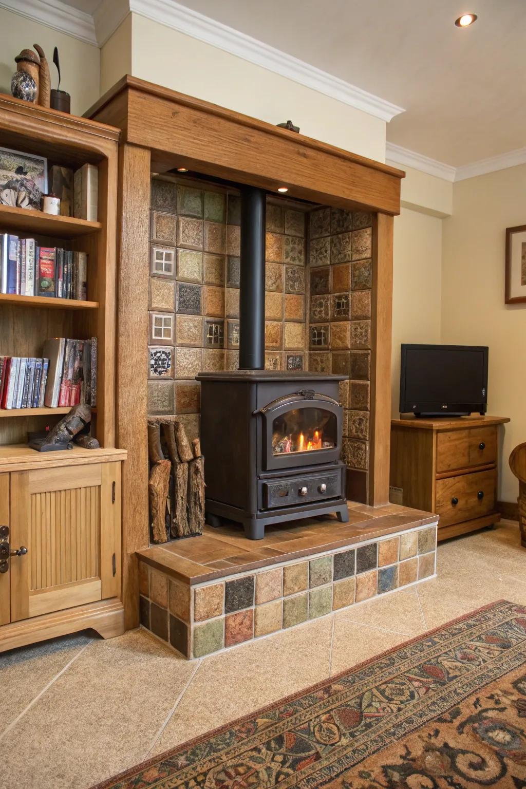 Tiled surrounds featuring built-in storage contribute practicality and charm to your wood burner area.
