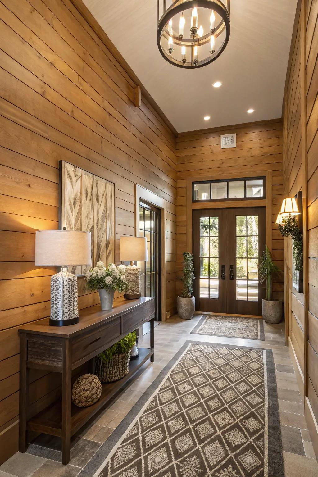 An entryway improved by classy wood paneling.