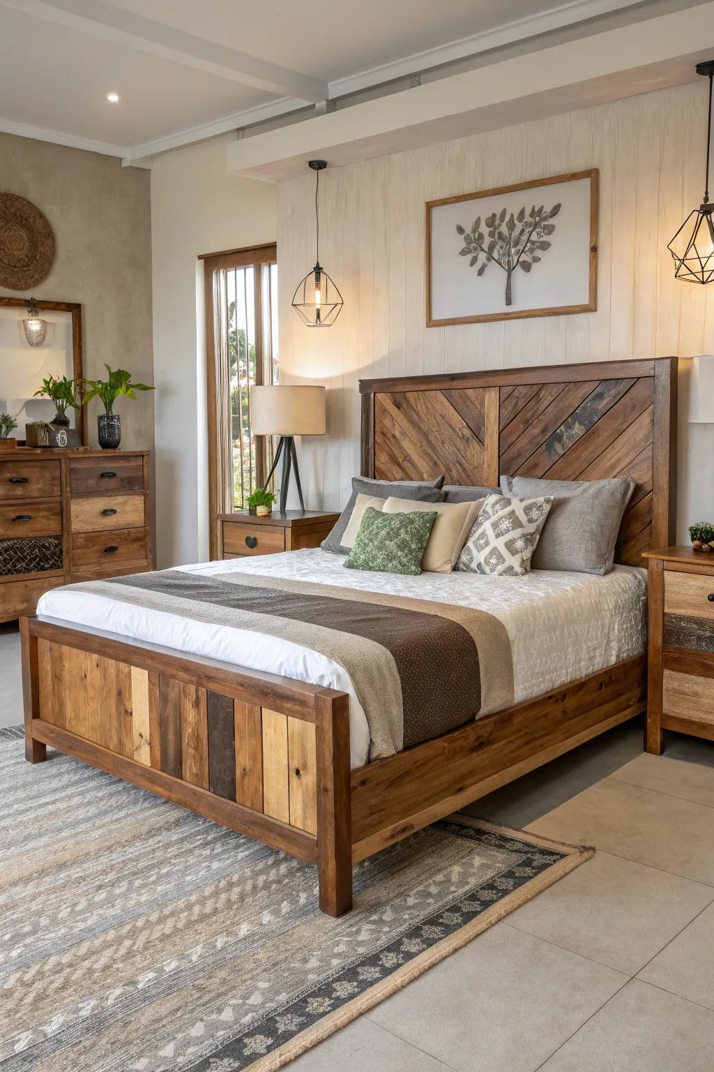 An assortment of wood hues lends character to this wooden bed.