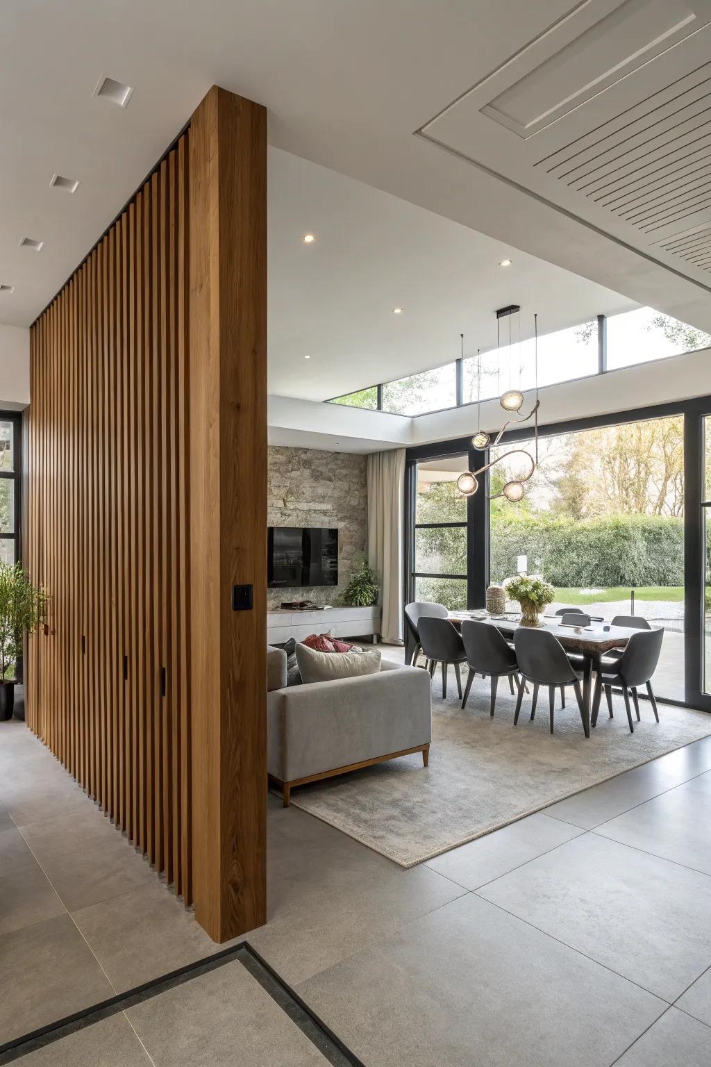 Timber partitions elegantly define zones in an open-plan living room.