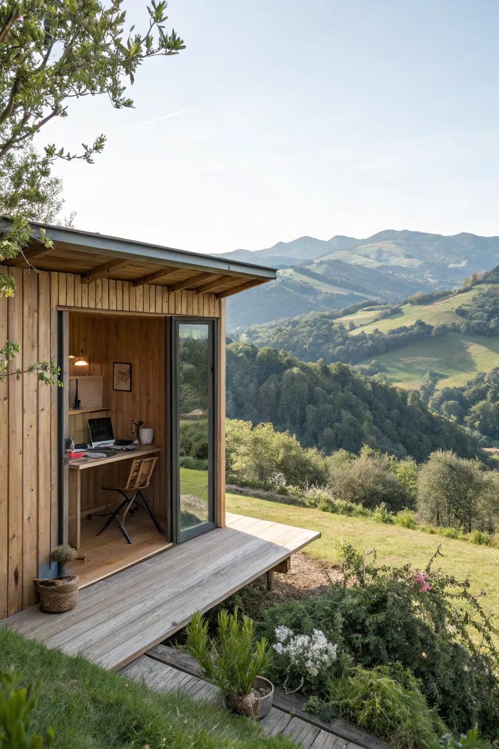 An elevated writing shed boasting stunning vistas that inspire endless creativity.