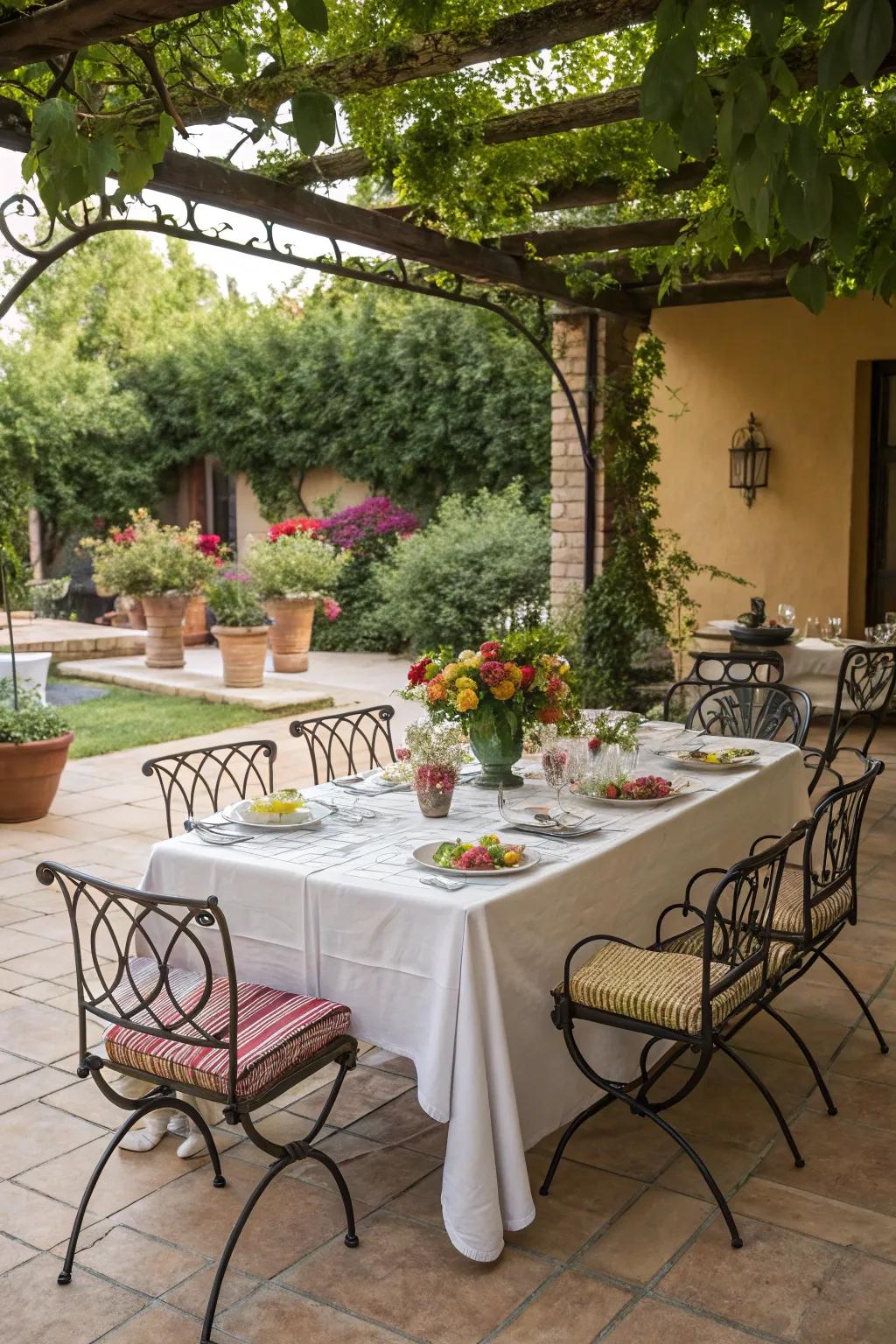 A wrought iron dining set cultivates an inviting area for outdoor meals.