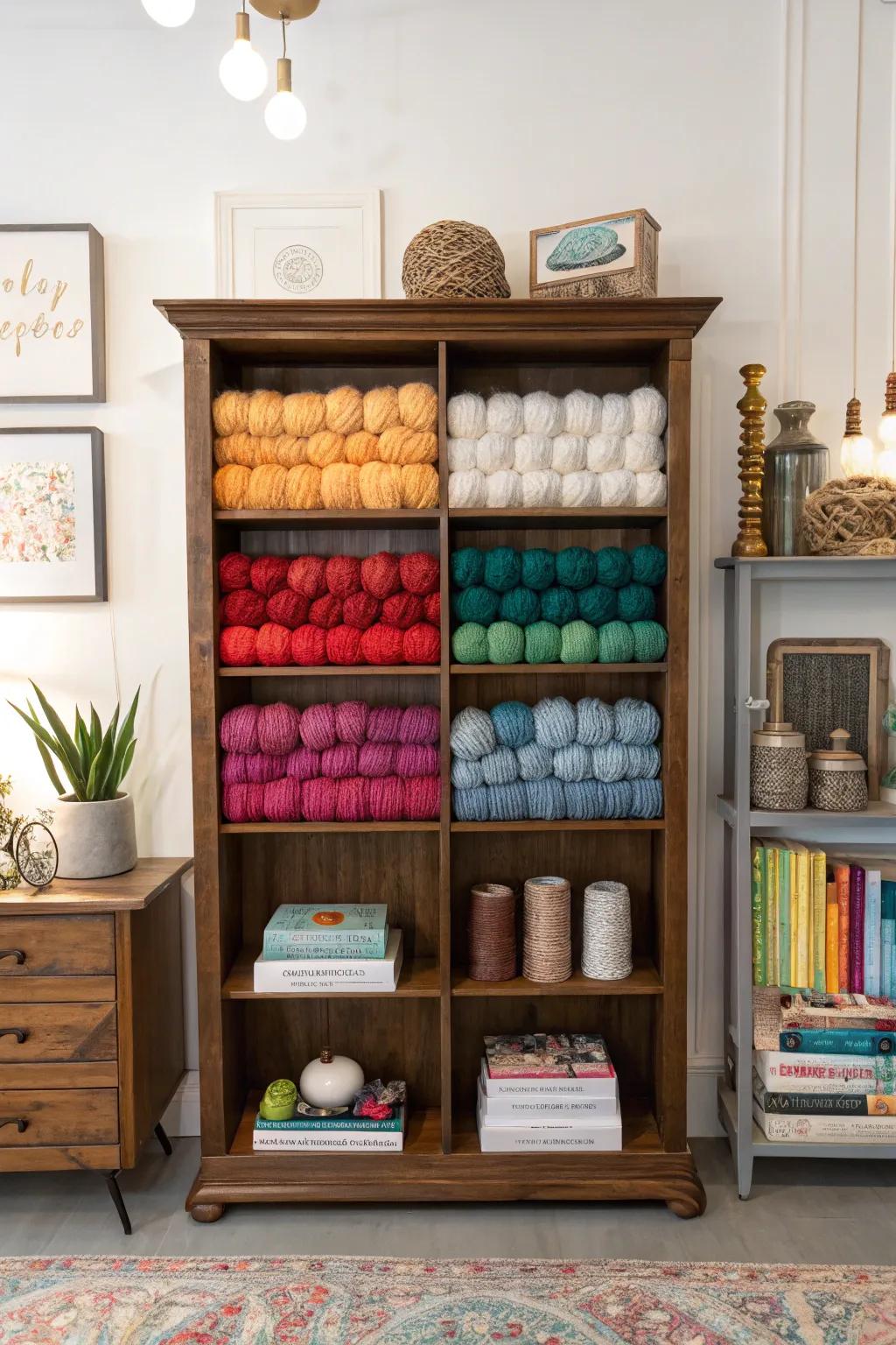 An old bookcase transforms yarn into a hand-picked decorative element.