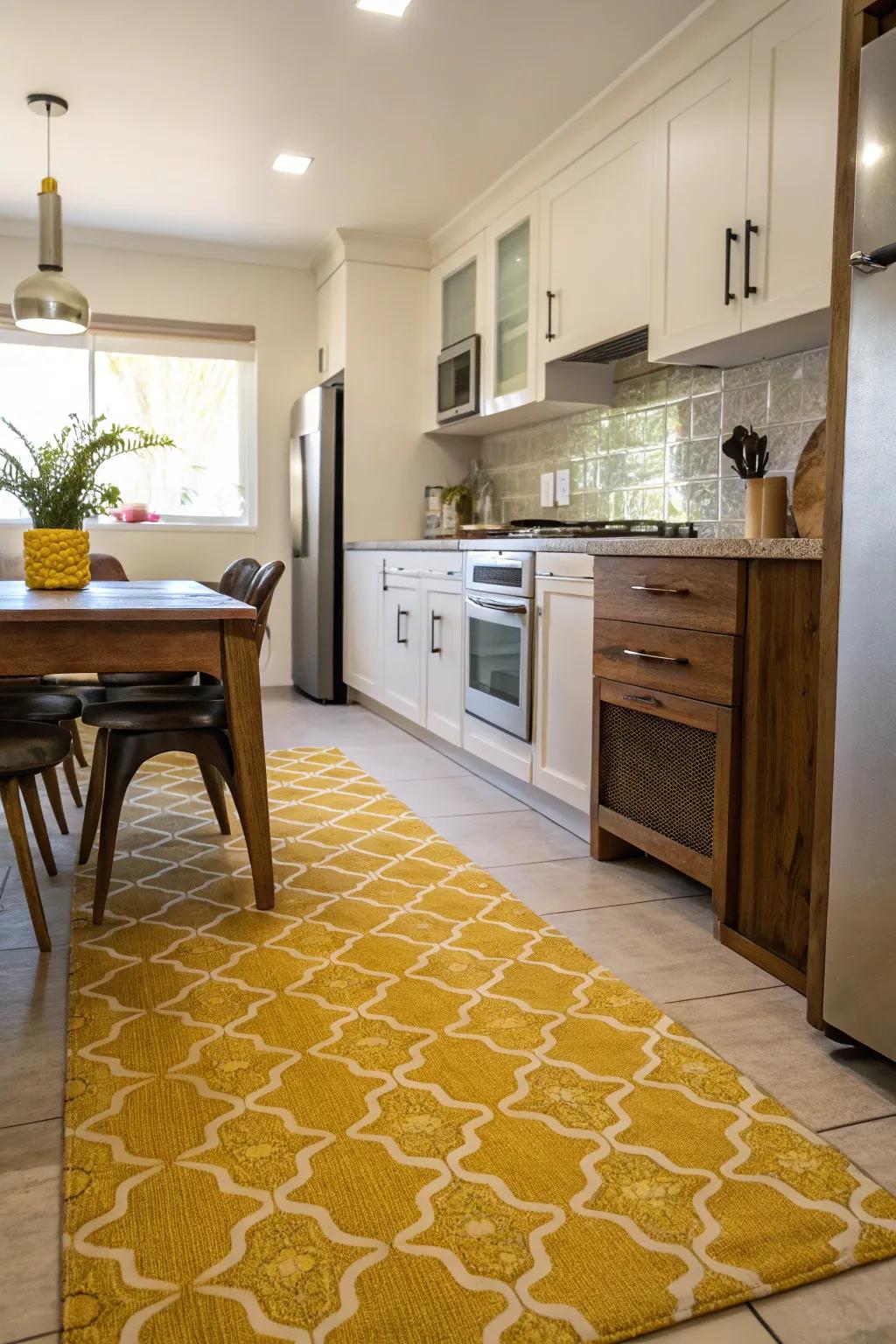 A yellow kitchen floor covering introduces warmth and binds the space together.