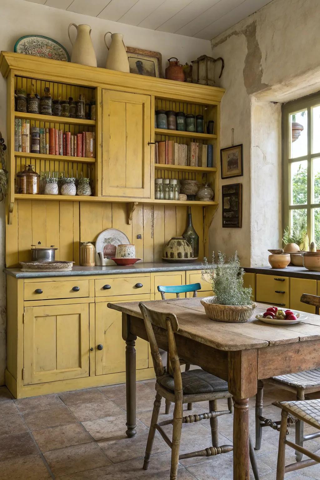 Rustic charm with weathered gold cabinetry.