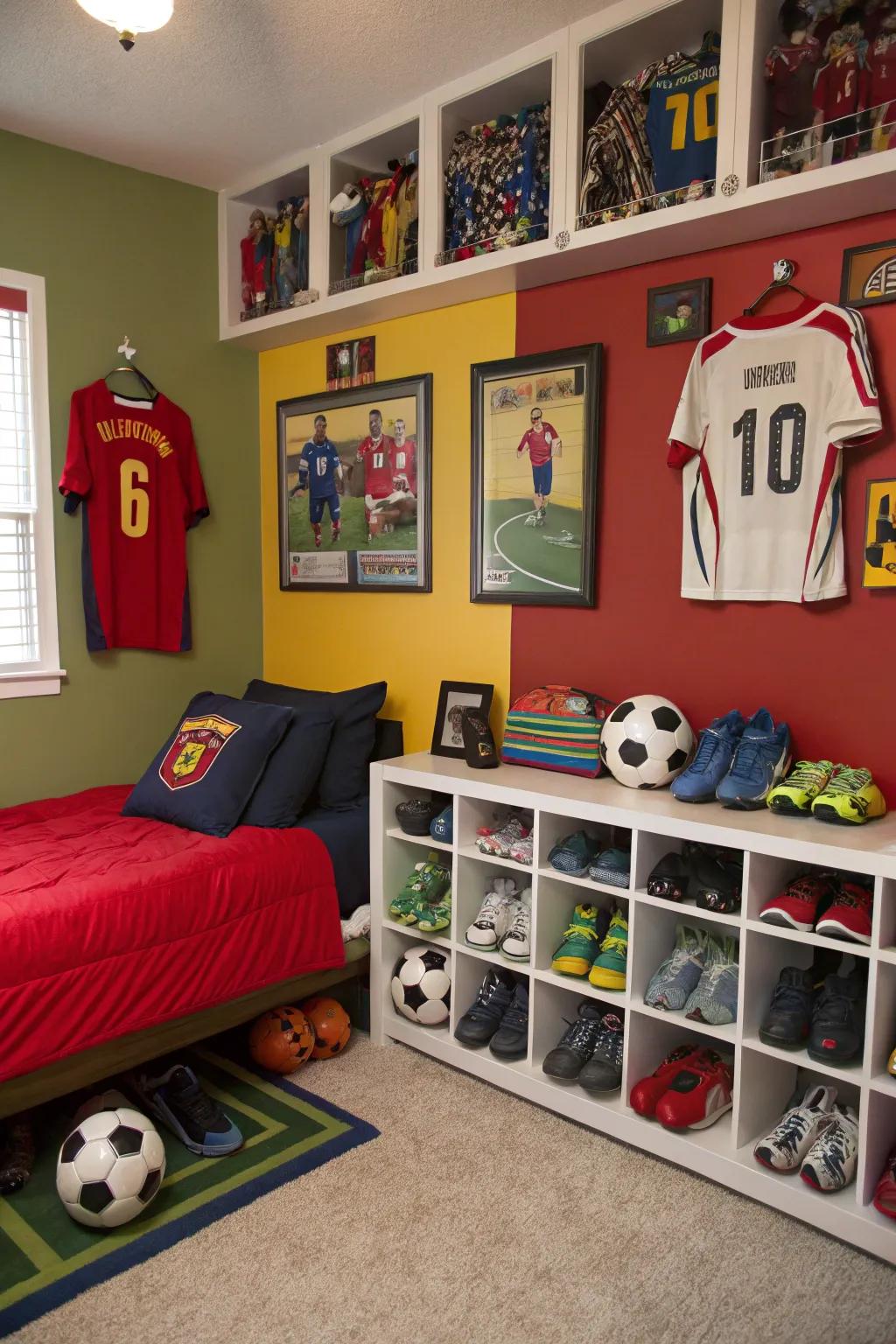 Sports memorabilia acts as both decor and a demonstration of passions.