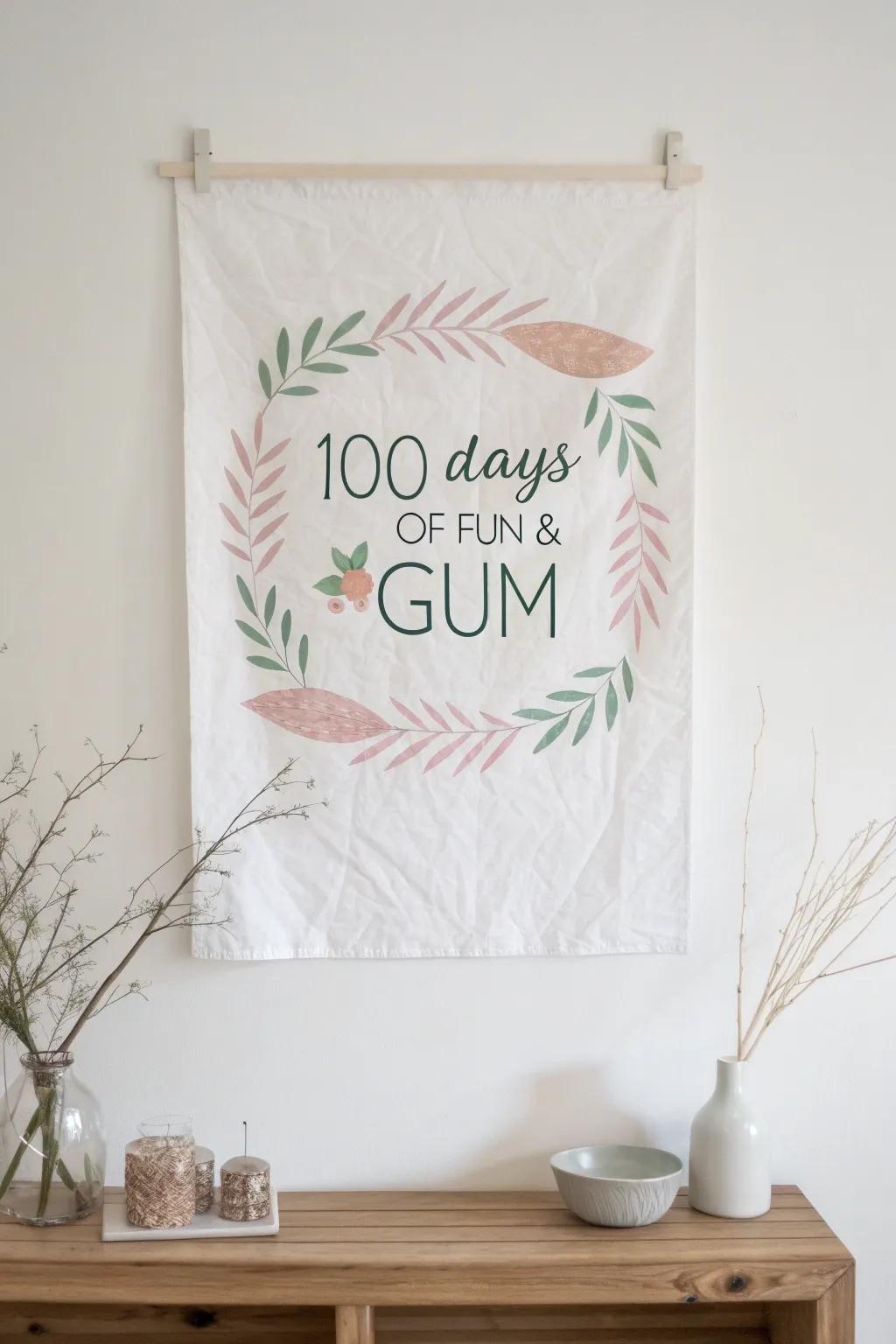 Celebrate the milestone with minimalist elegance: 100 Days of Fun & Gum.
