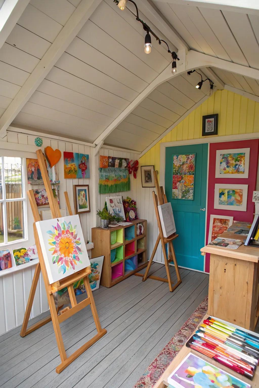 A vibrant art studio that inspires creativity with colorful walls and ample supplies.