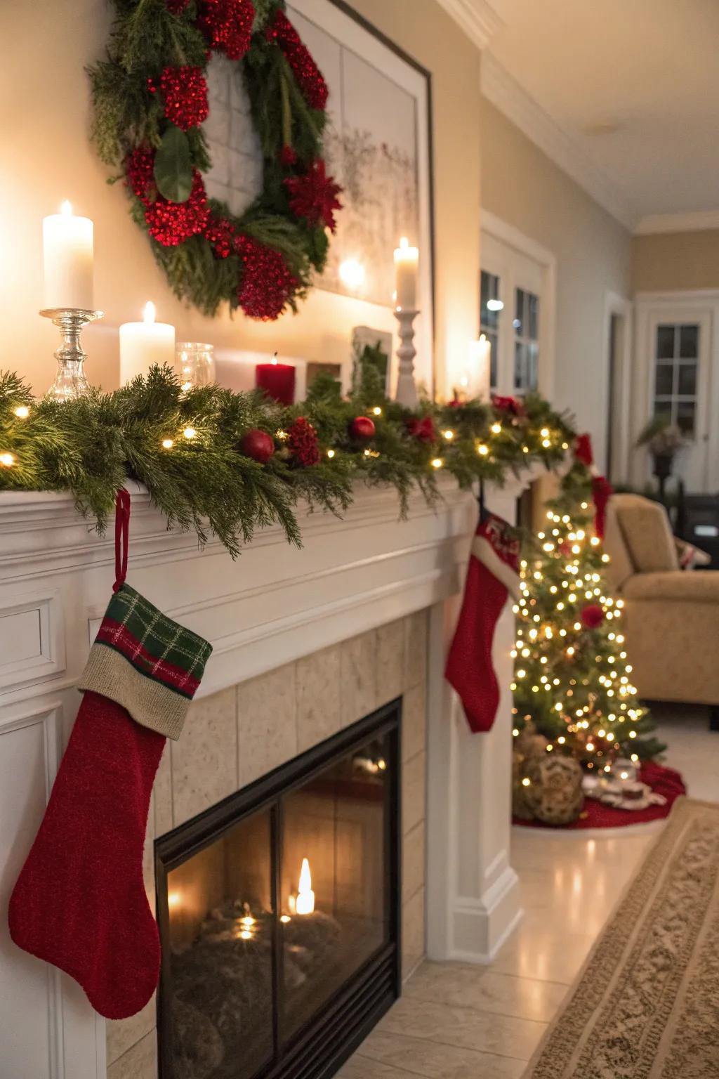 A snug mantel is decorated for the holiday period.