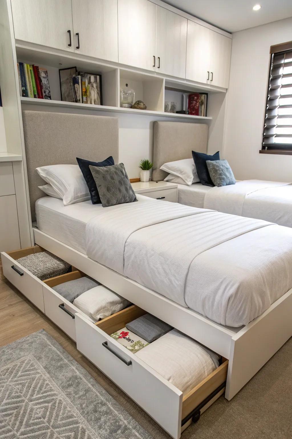 Built-in storage removes clutter.