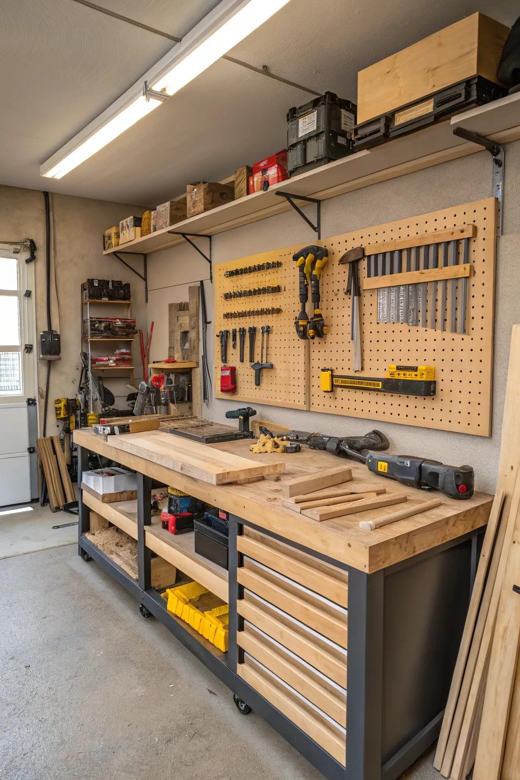 Craft and create in a garage space dedicated to woodworking.