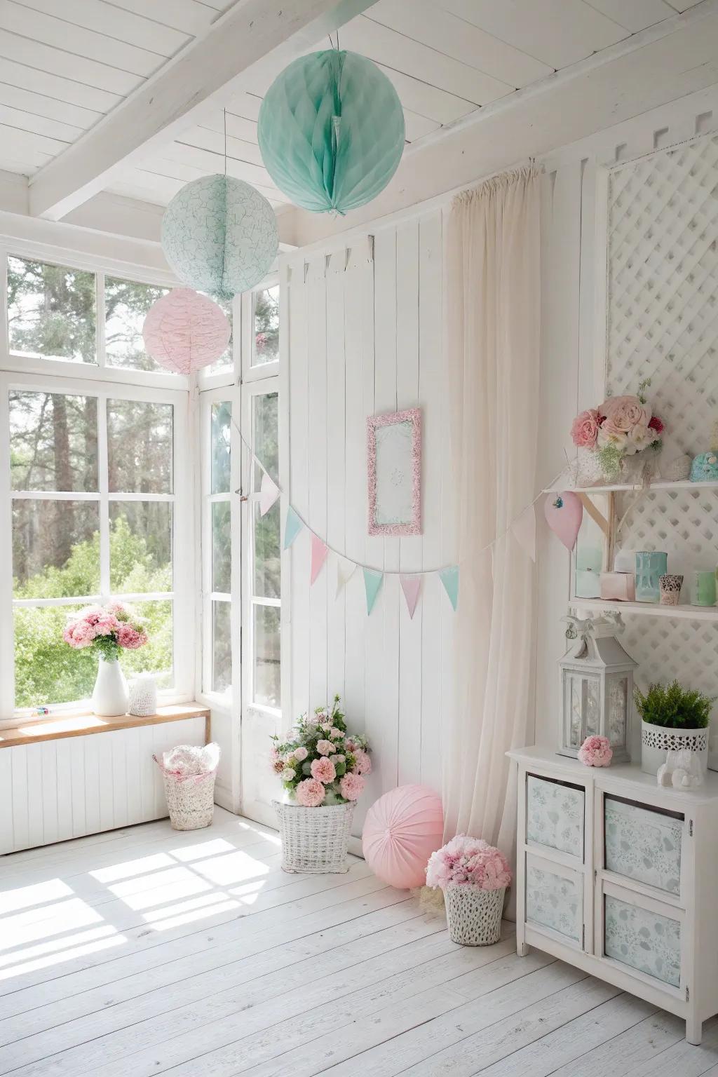 A bright, airy atmosphere is created by the use of light colors.