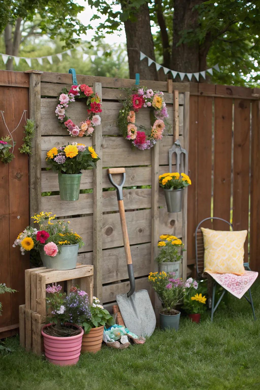 A lively garden-themed photographic display for capturing event snapshots.
