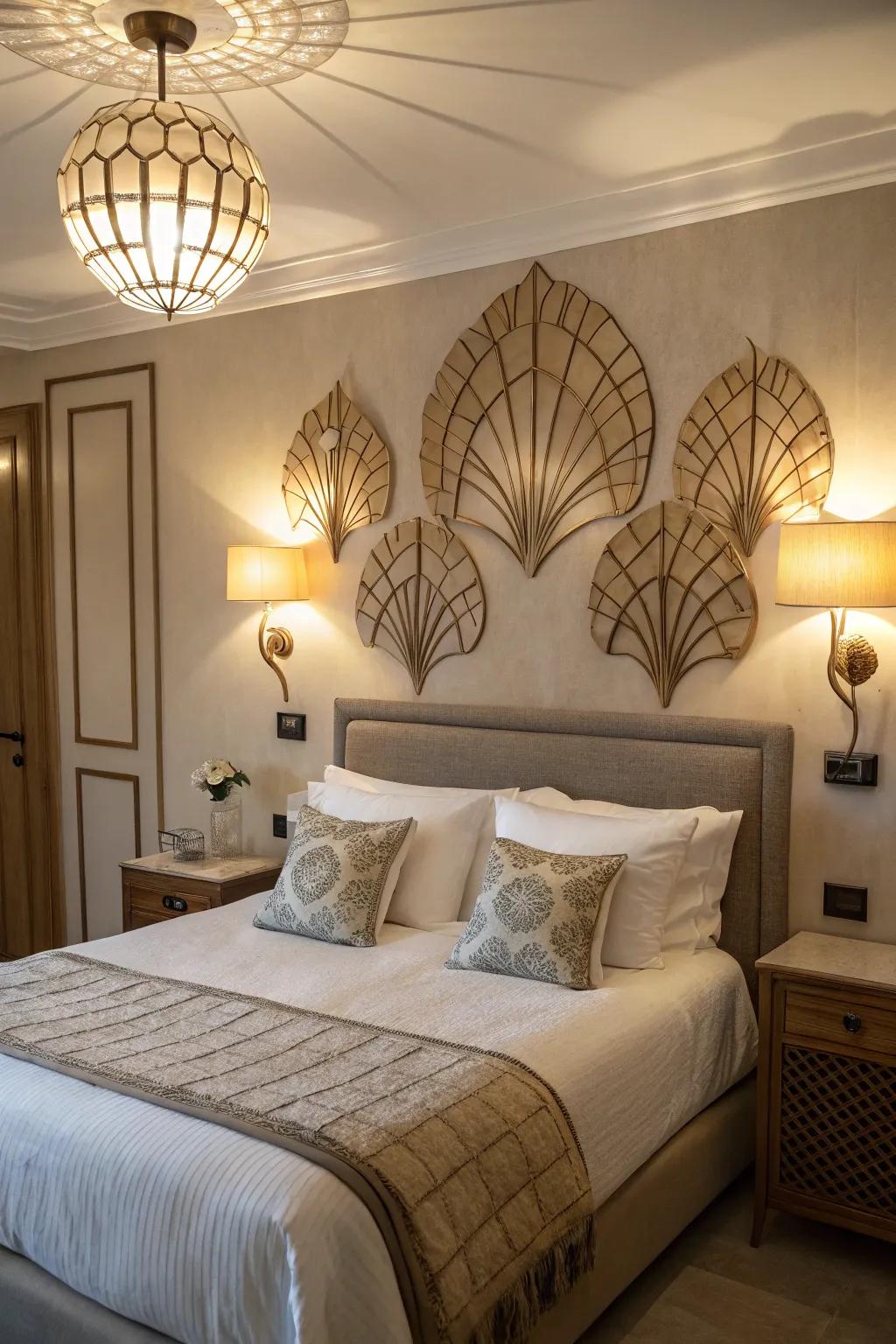 Artistic lights provide creative lighting over the bed.