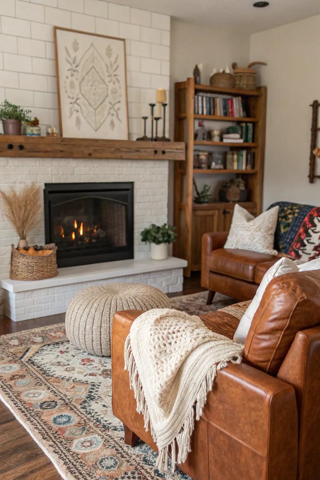 Layered textures enrich the space above the fireplace with added depth and visual interest.