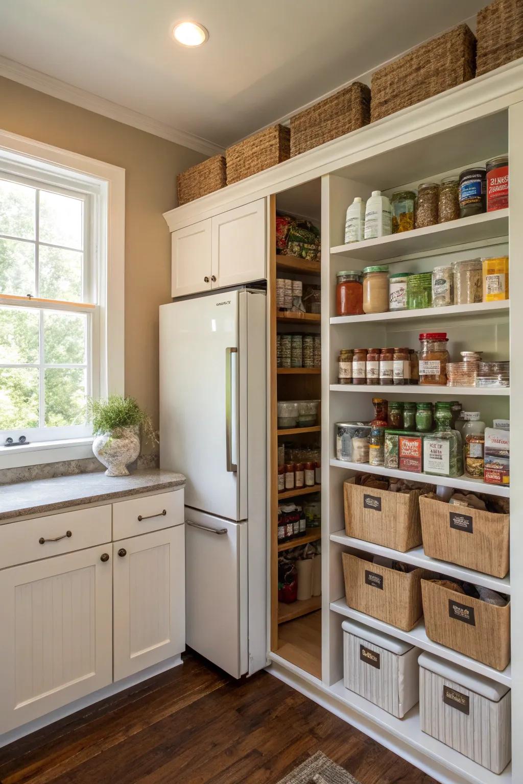 Shallow shelves above the fridge for pantry storage.