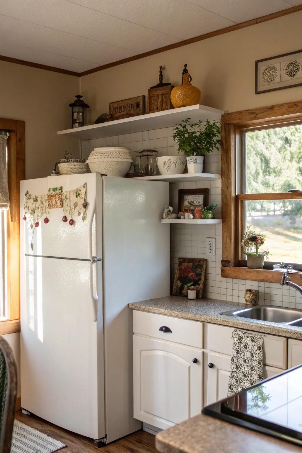 Incorporate shelving to establish organized and elegant storage above the refrigerator.