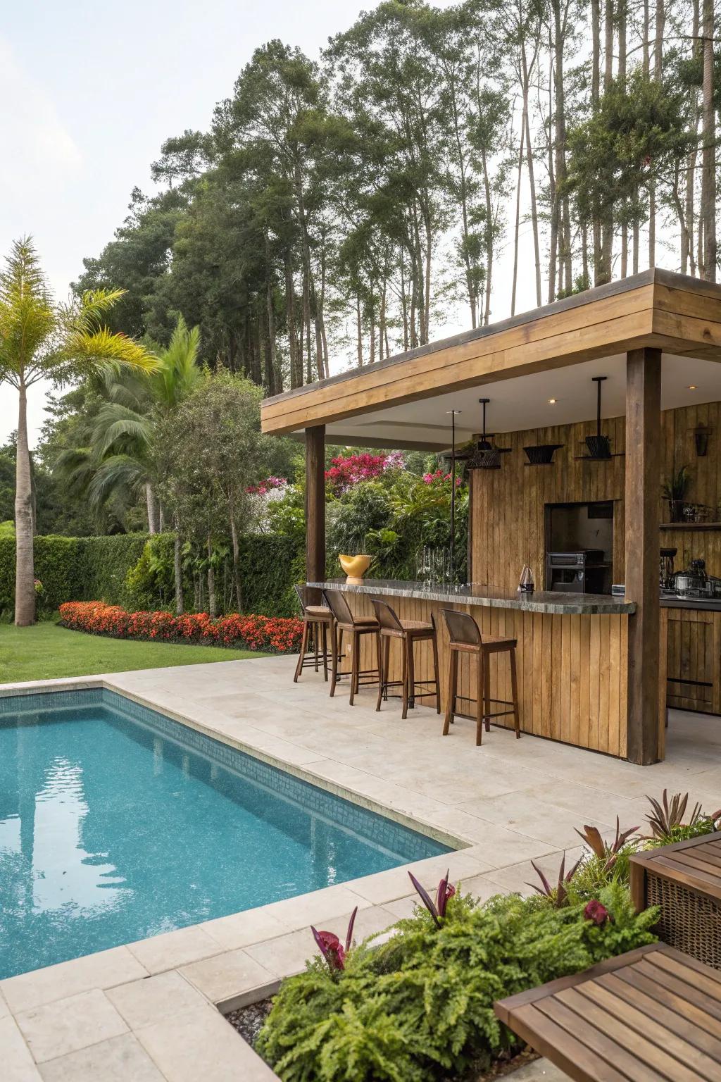 Natural wood introduces warmth and allure to your poolside bar.