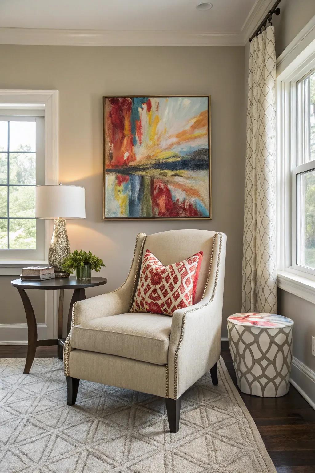 An abstract art piece above an accent chair crafts a gallery-inspired setting.