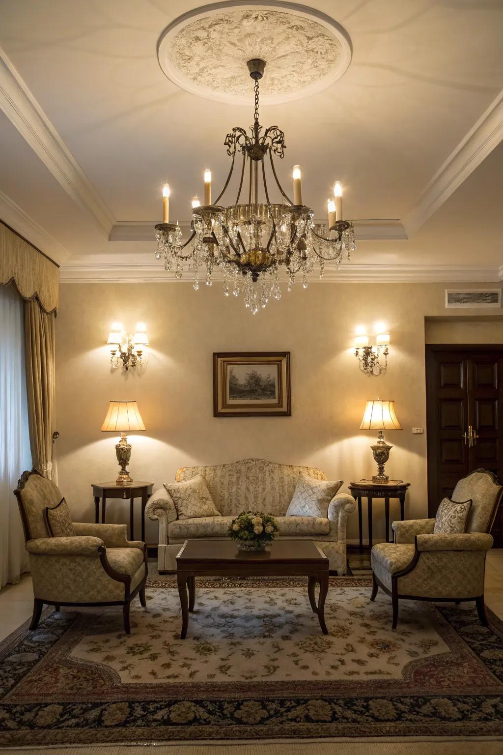 Chandeliers and smaller lamps give a space classic beauty.
