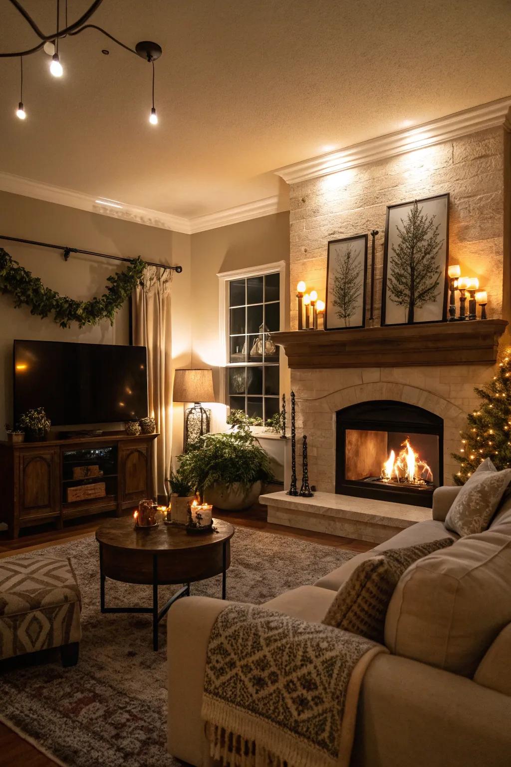 Ambient lighting accentuates the fireplace’s architectural details.