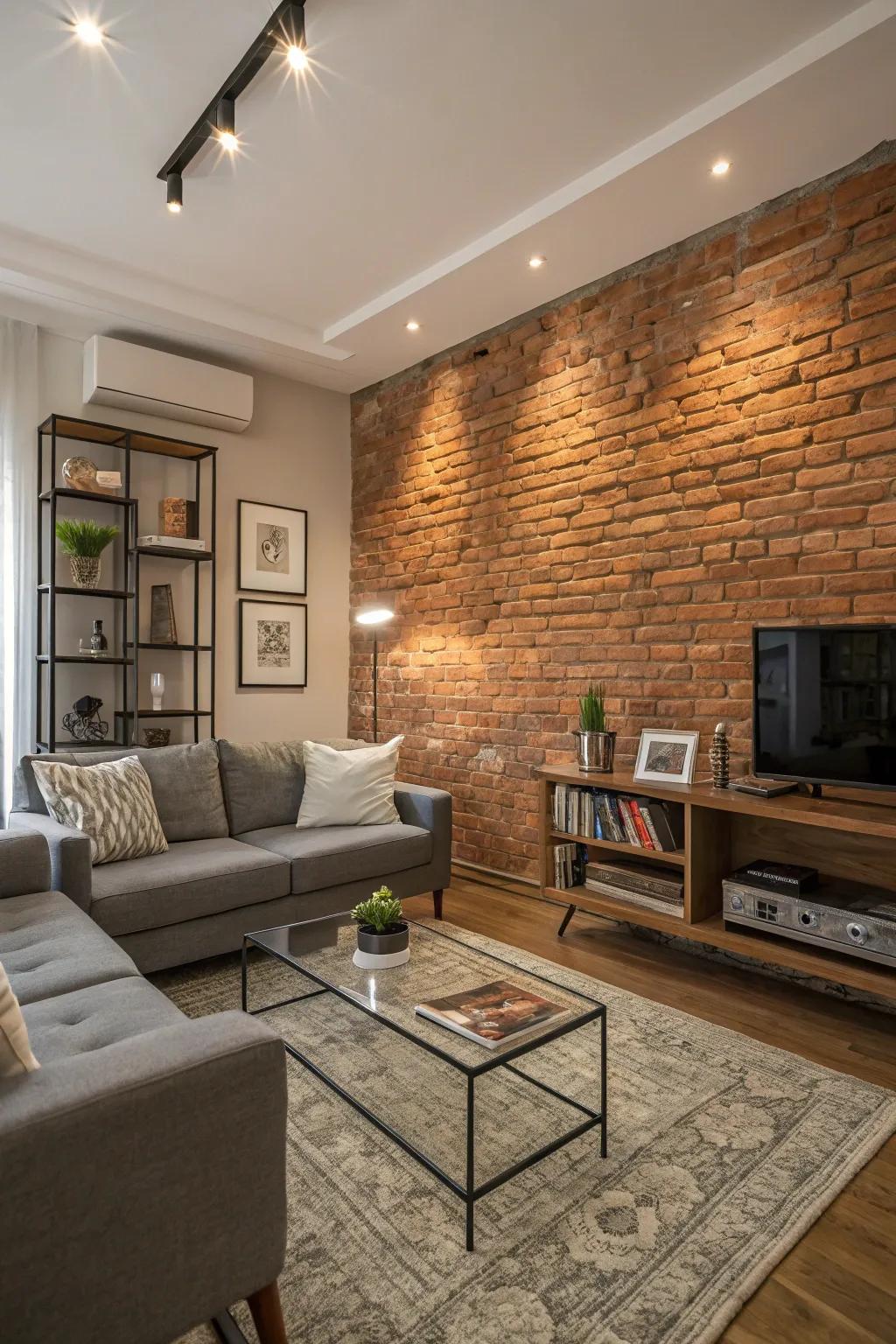 A main living area featuring a raw brick accent wall and modern decor.