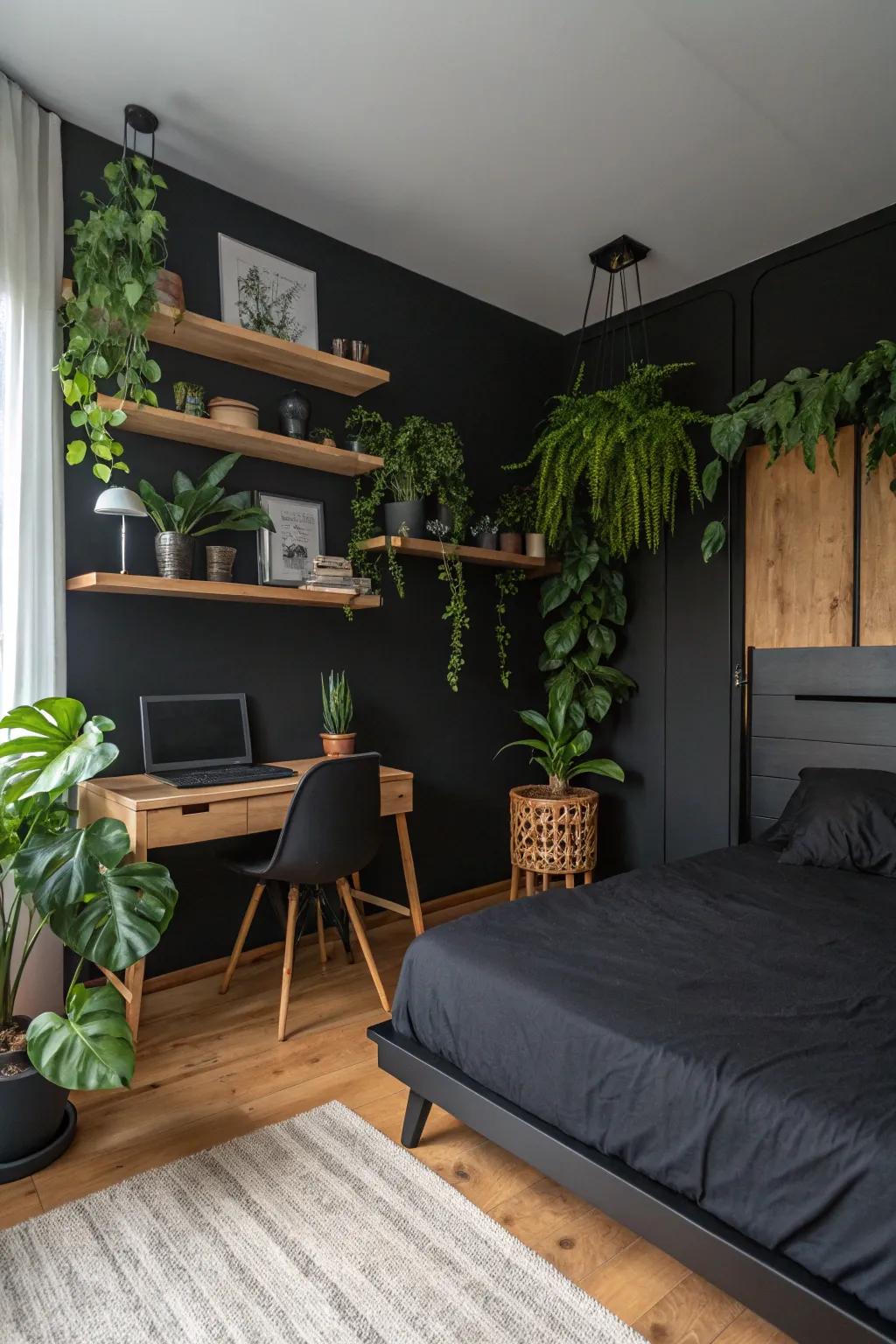 A charcoal boudoir exhibiting verdant flora and timber highlights for a natural nuance.