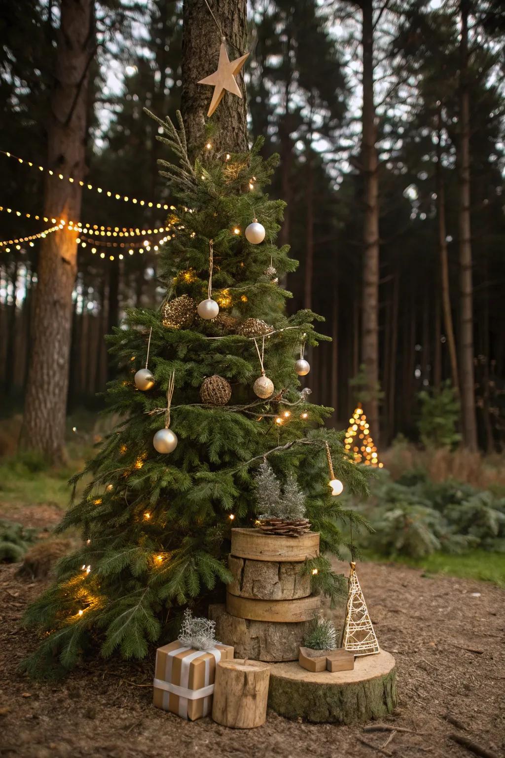 A Christmas tree with a nature-inspired influence, embellished with wooden components and verdant elements.
