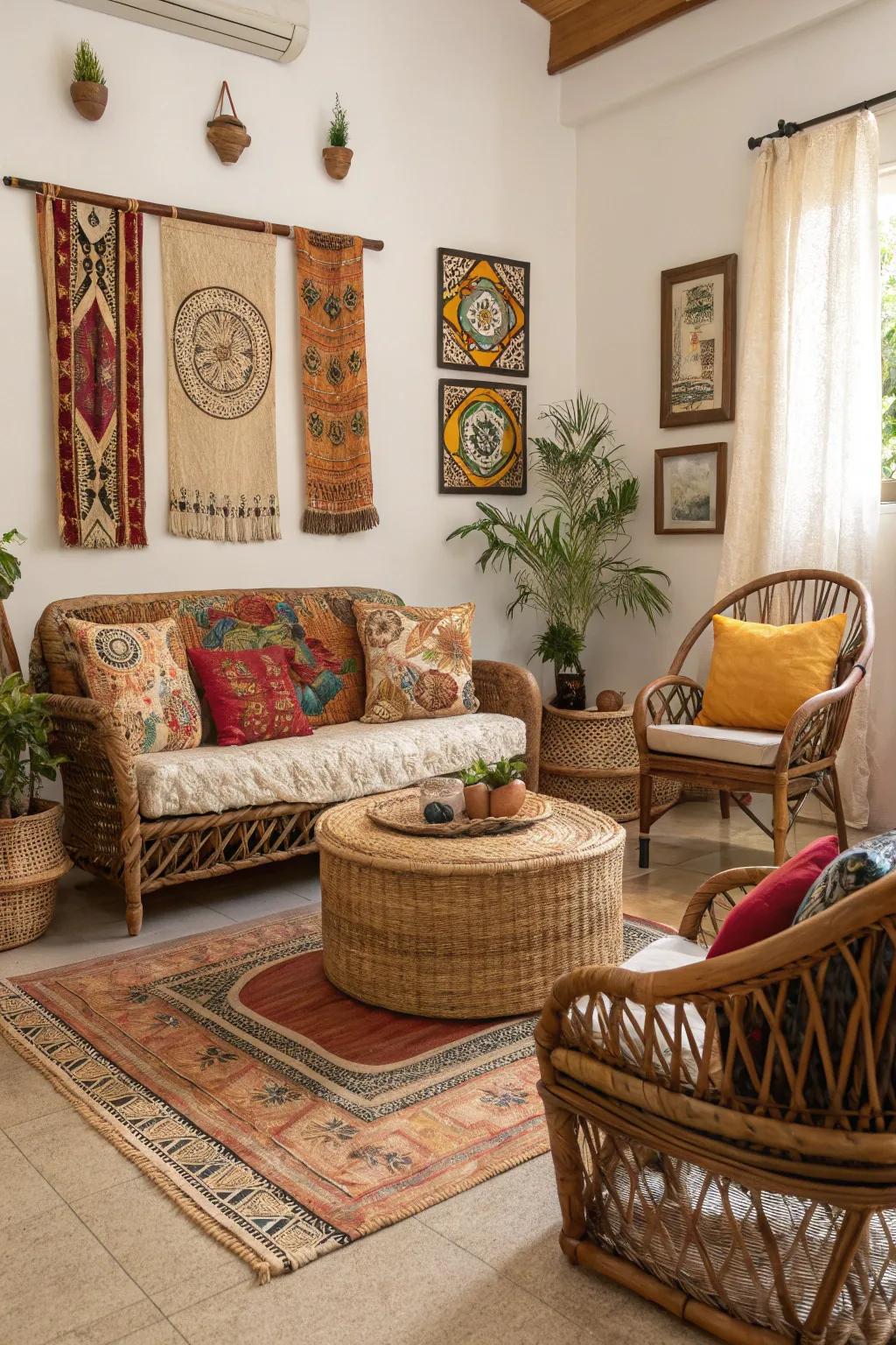 A Bohemian-inspired living space showcasing wicker and woven decor.