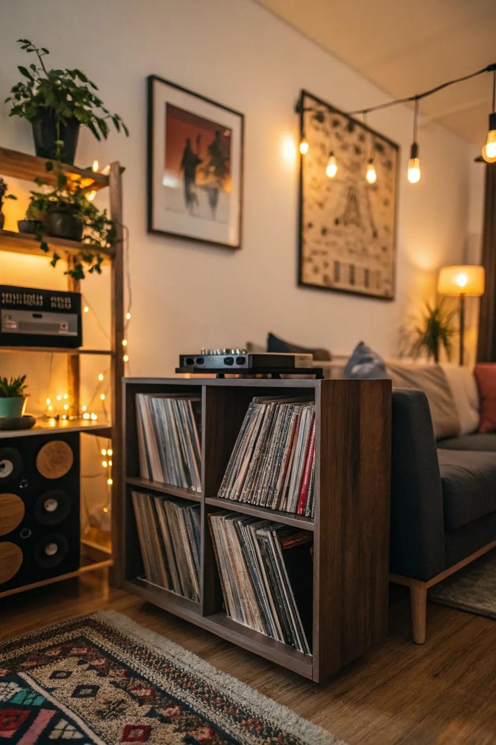 A custom vinyl record shelf tailored to individual taste and room design.