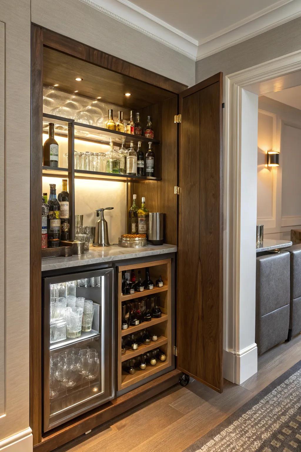 A hidden compartment in the wall showcasing a discreet mini bar setup.