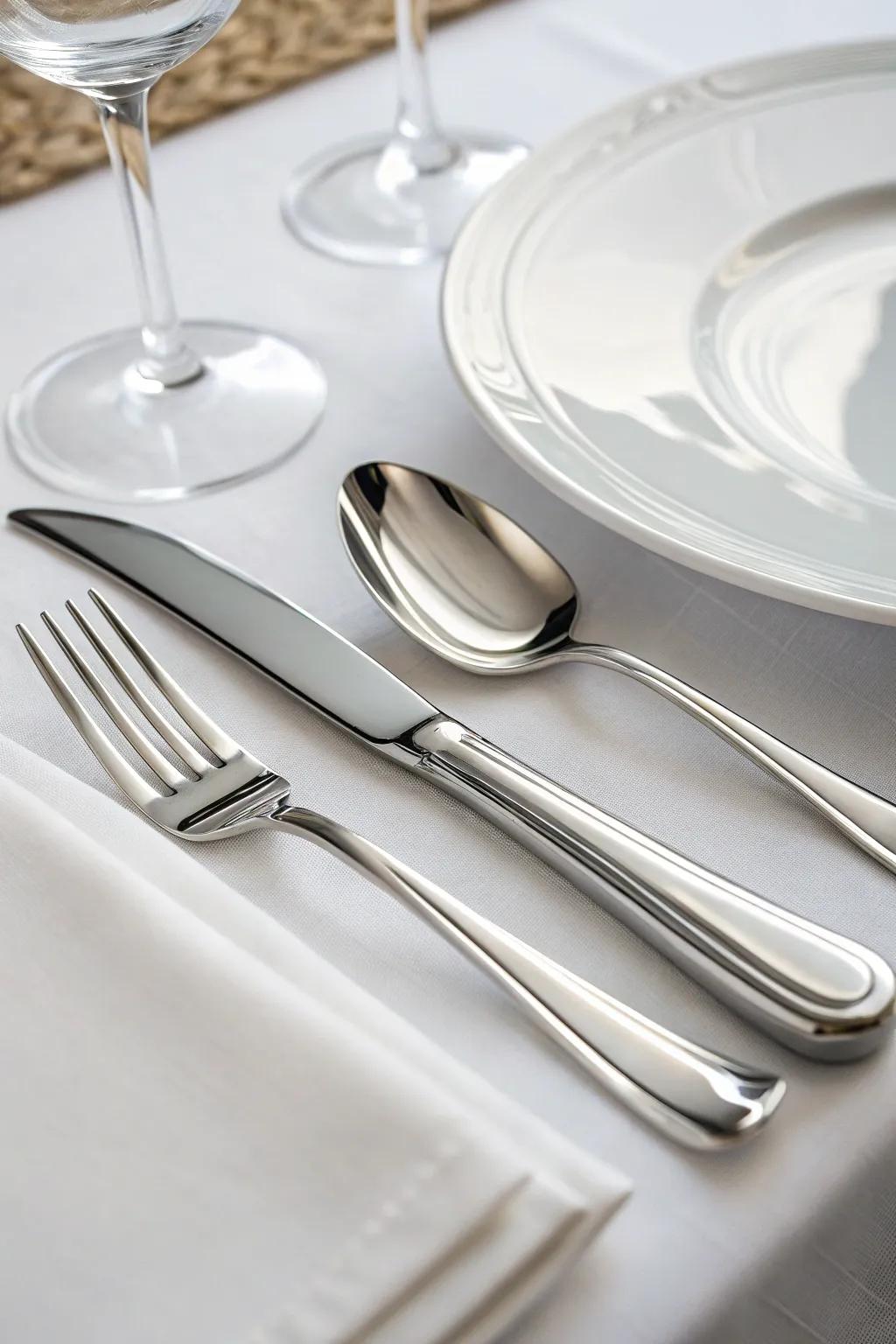Minimalist silverware beautifully complements the all-white dinnerware.