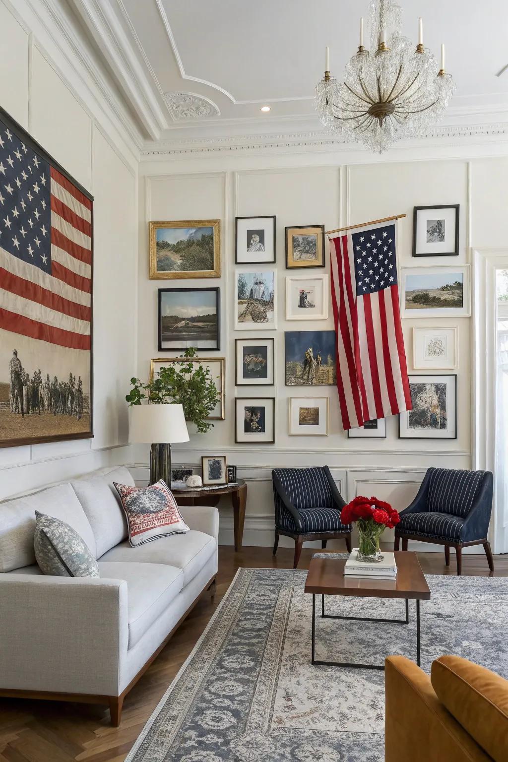 A showcase display featuring a banner brings artistic flair to this living space.