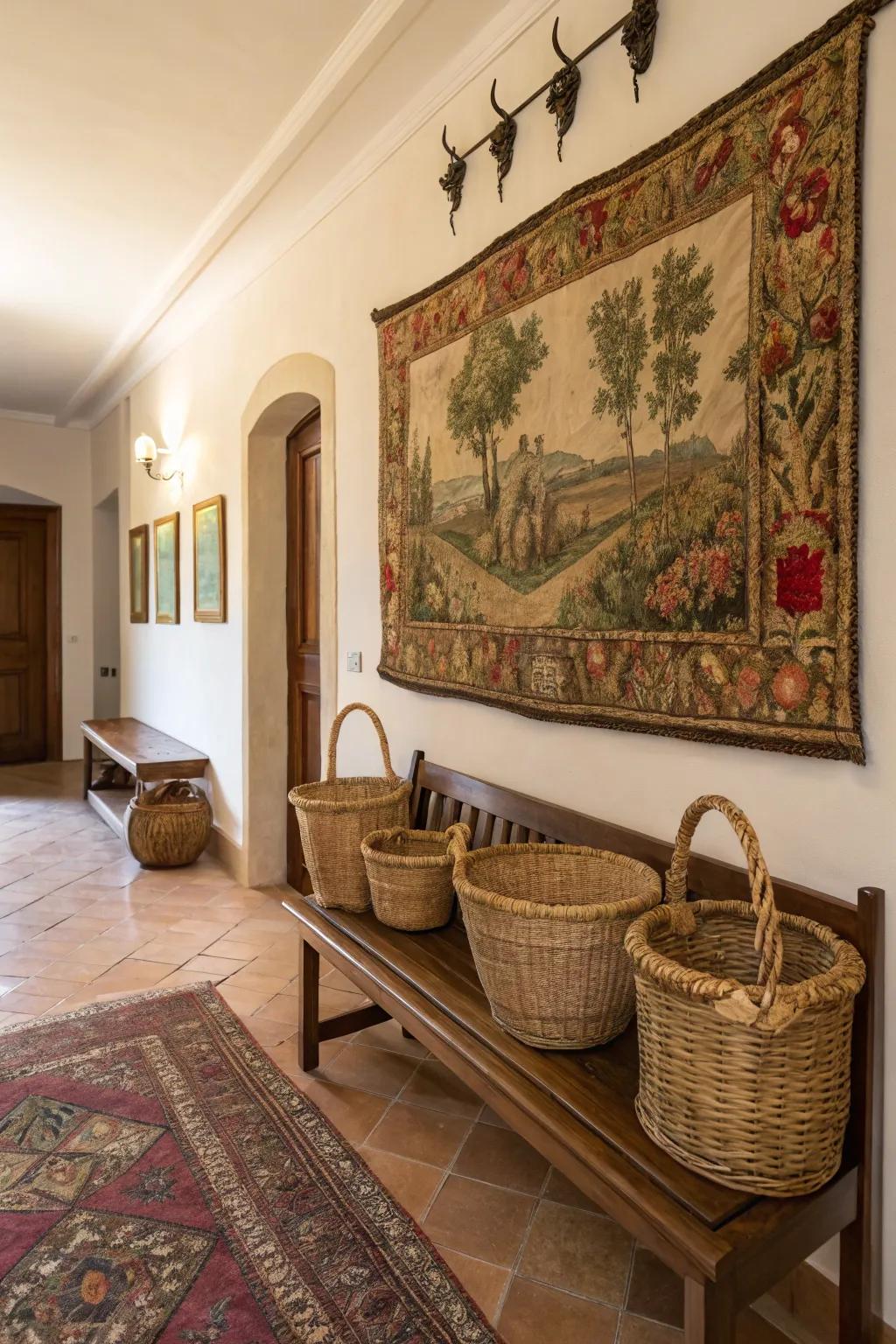 Textural variation with wall hangings and woven containers.