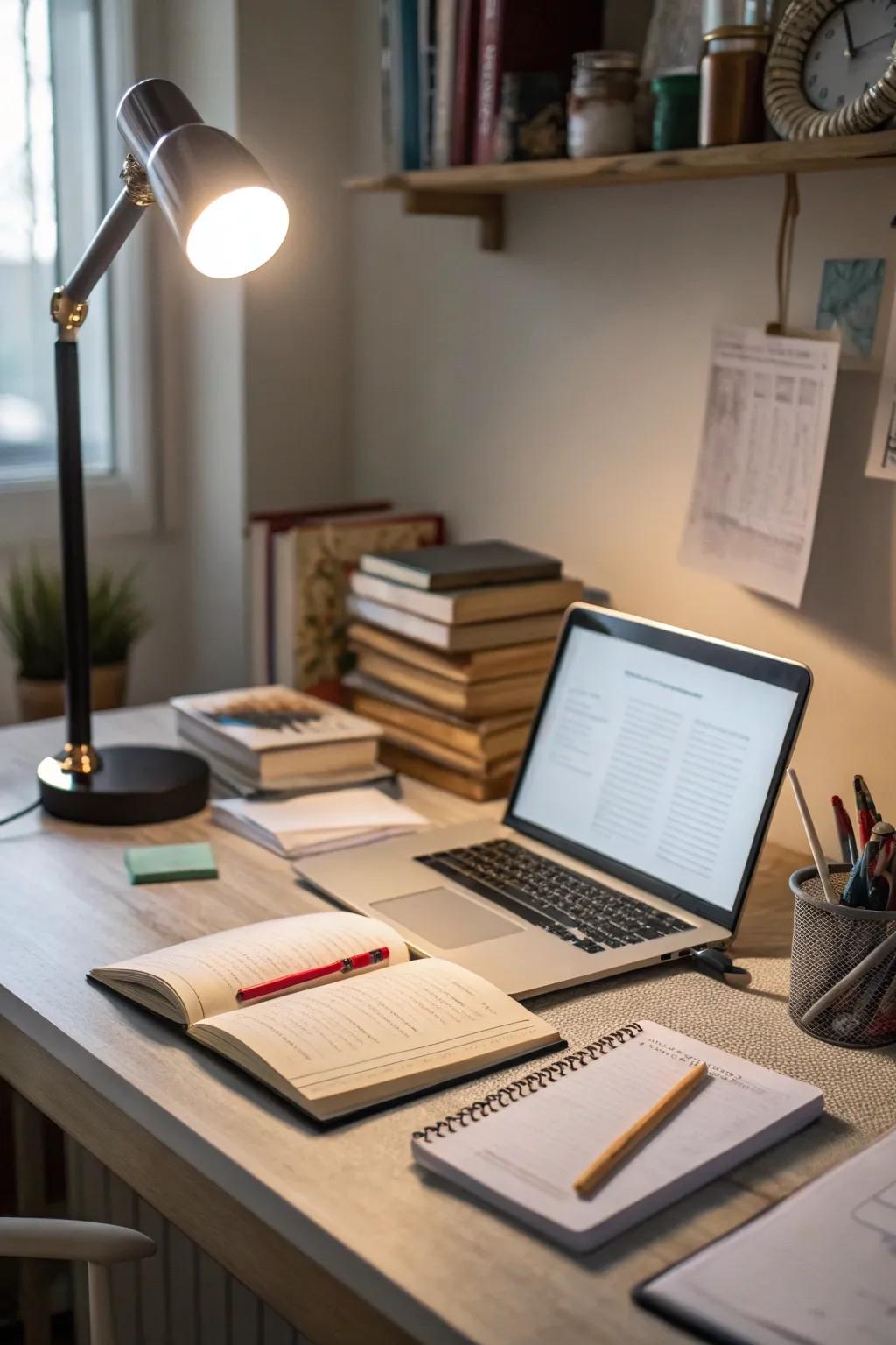 A writing desk illuminated by directional lighting to enhance focus.