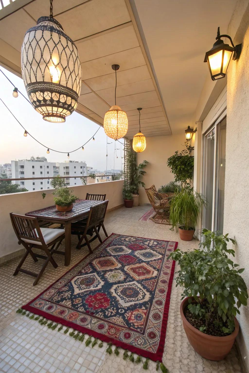 Personal touches such as rugs and ambient lights reveal individual style.