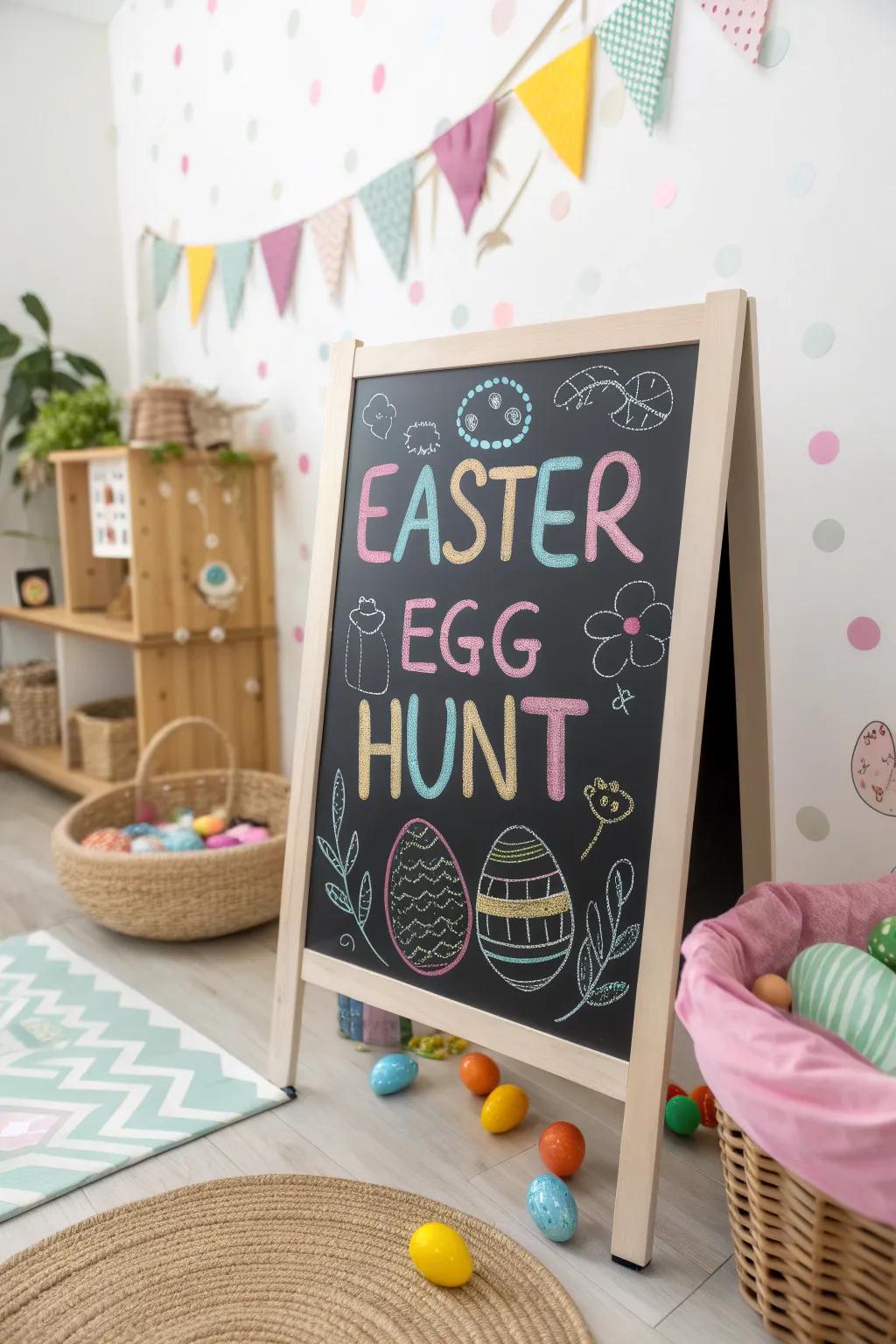 The thrill of an egg hunt is artistically depicted in chalk.
