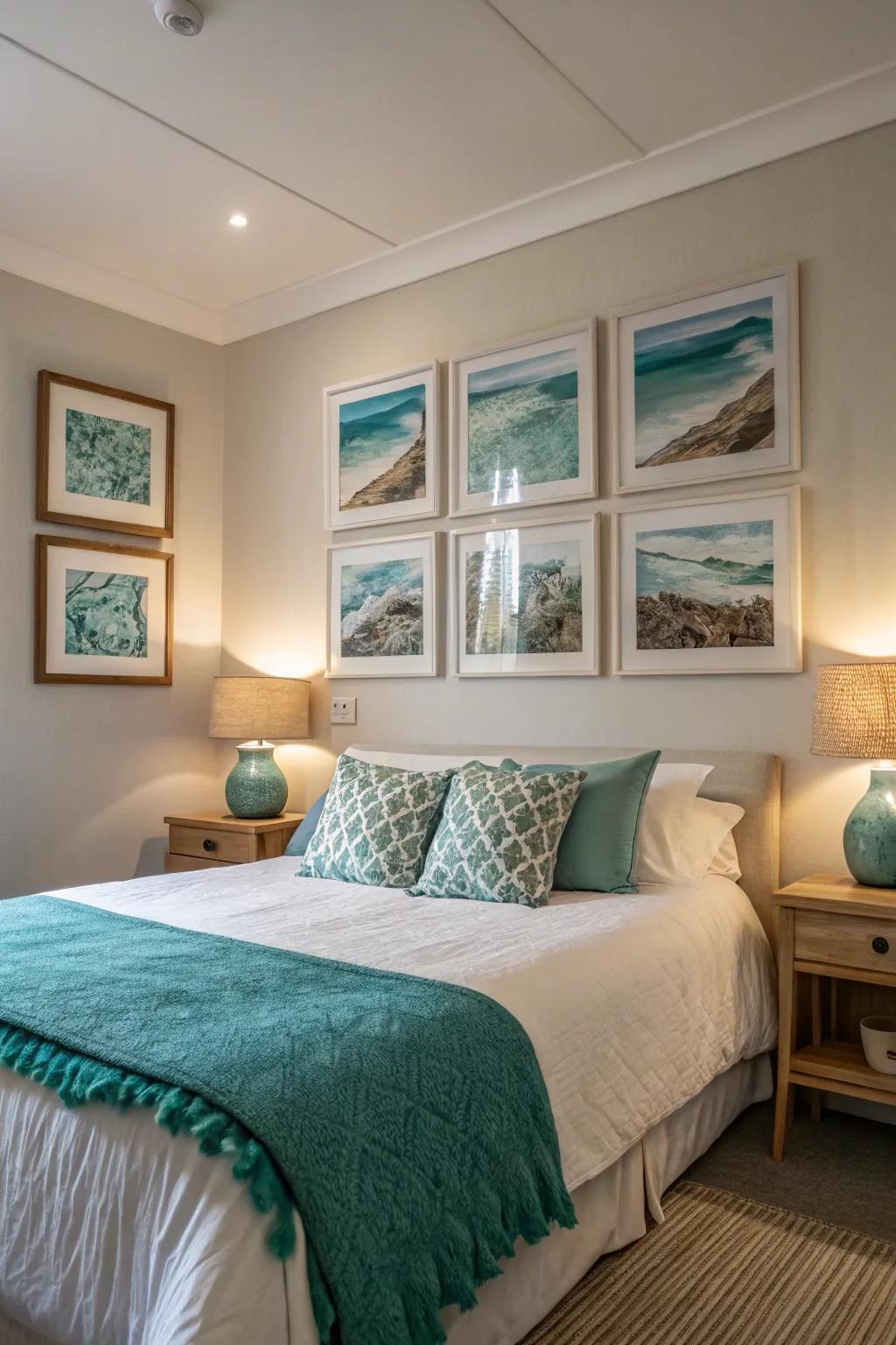 Art pieces enhance the sea theme in the bedroom.