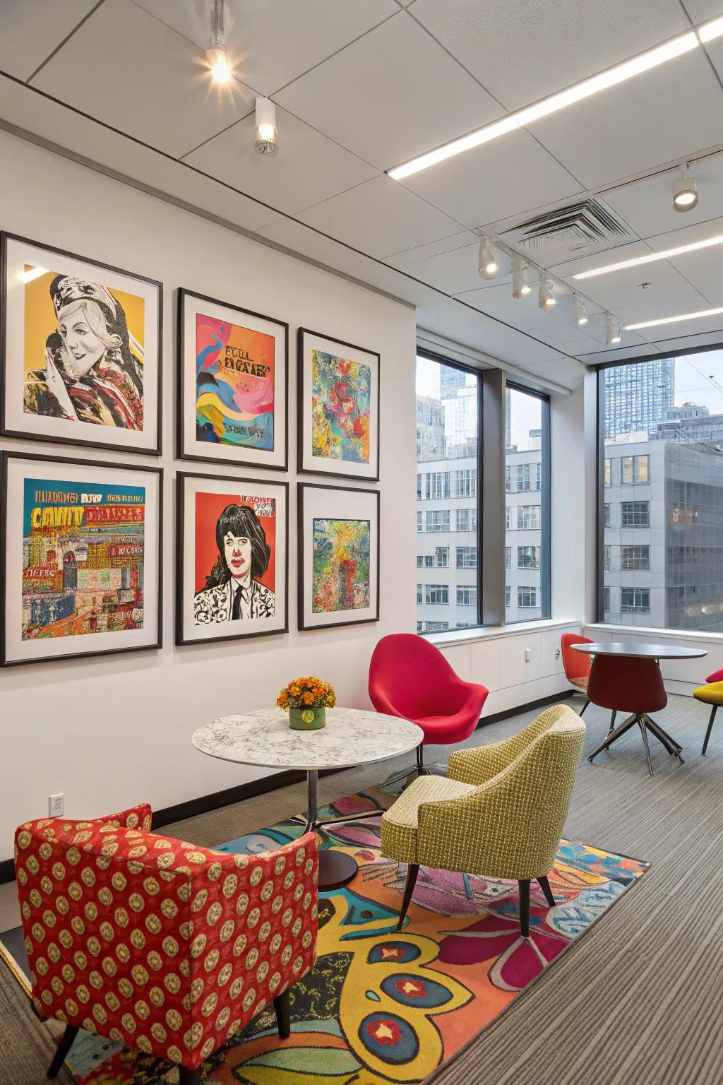 A dynamic well-liked art display adds a playful and energetic touch to this study space.