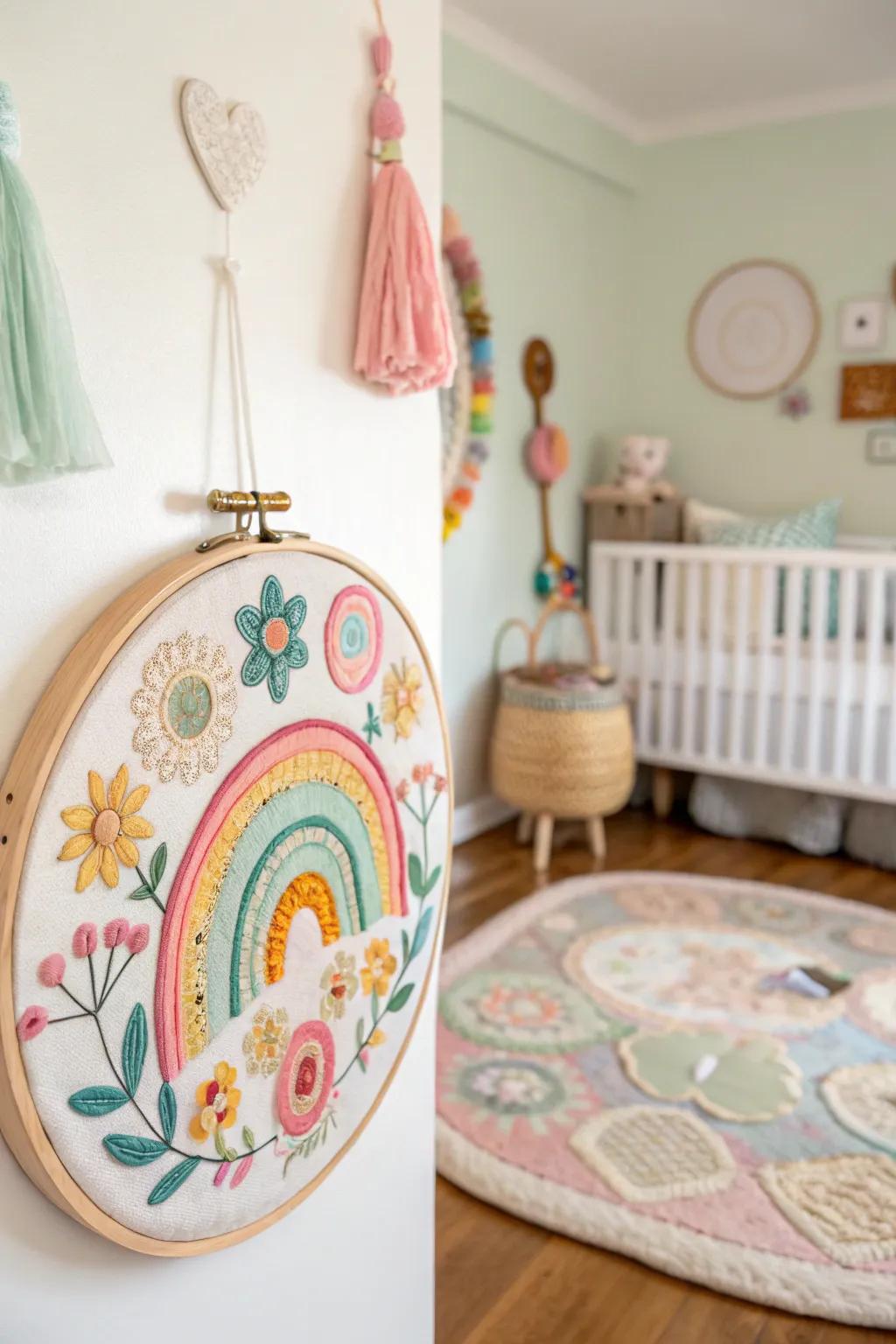 Textile embroidered hoop art bringing color and joy to any setting.