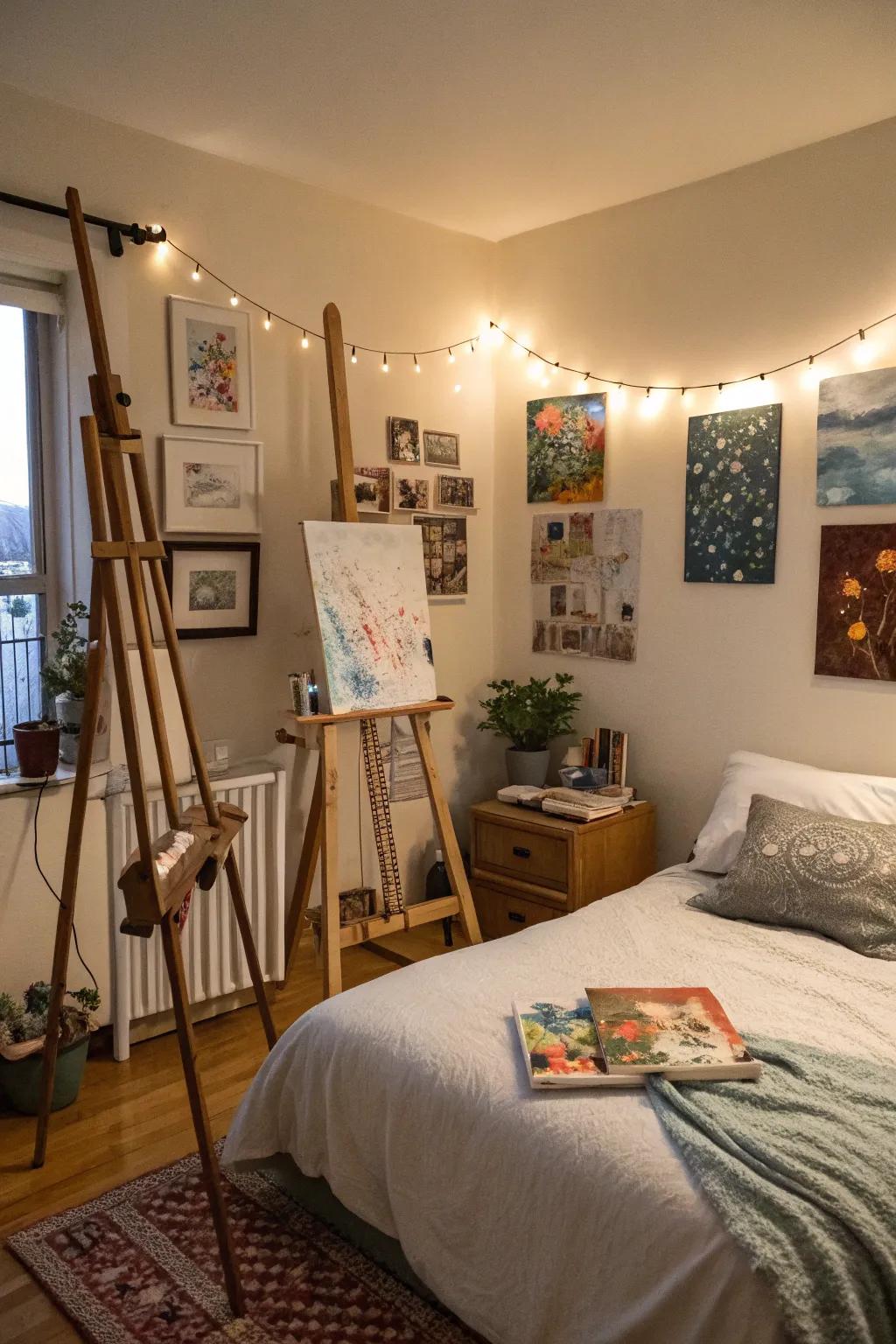 Display your art materials for an authentic artist's bedroom.