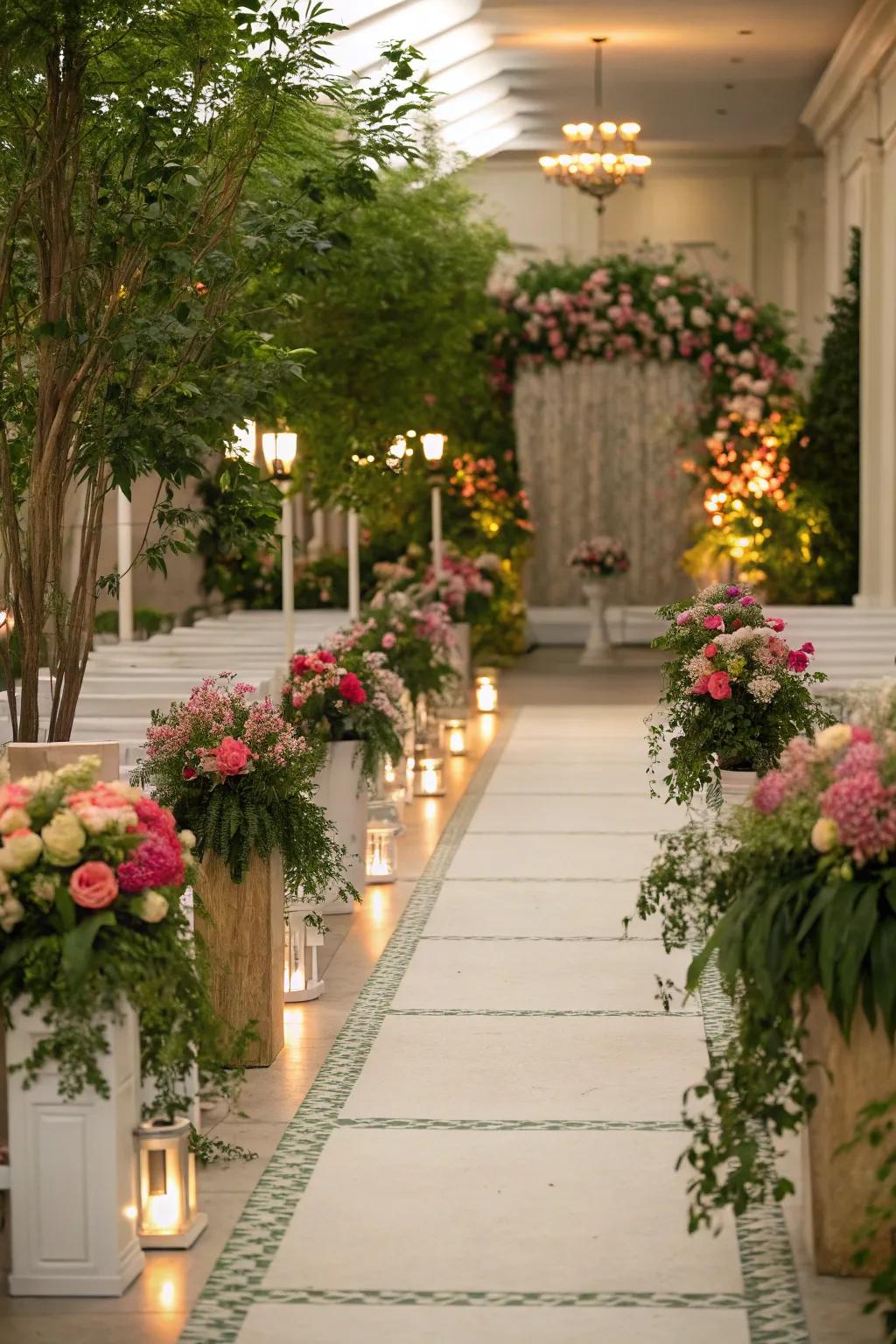 A greenery-themed pathway with encased flora and blooms.