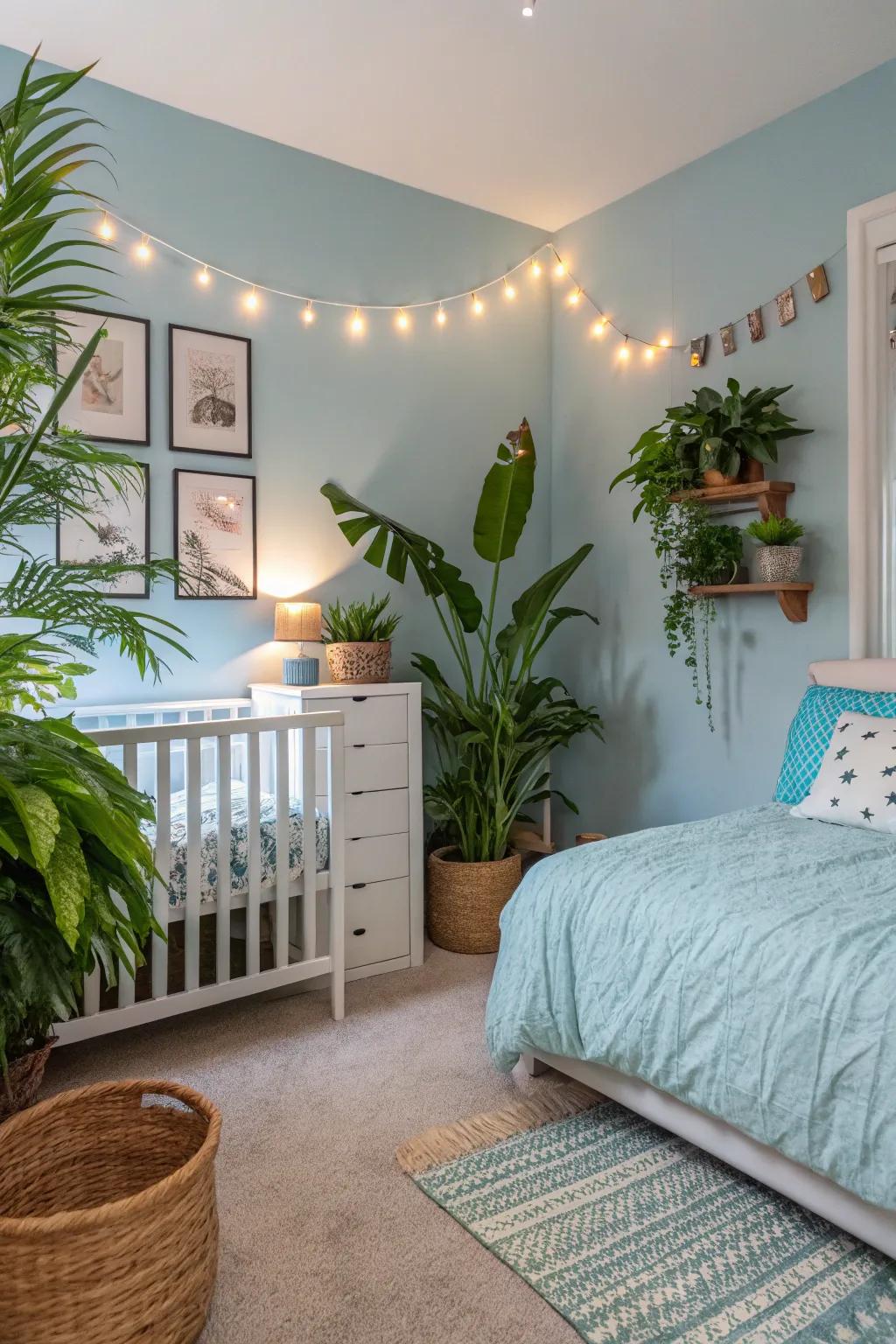 Green plants bring a fresh contrast to a serene soft sky bedroom.