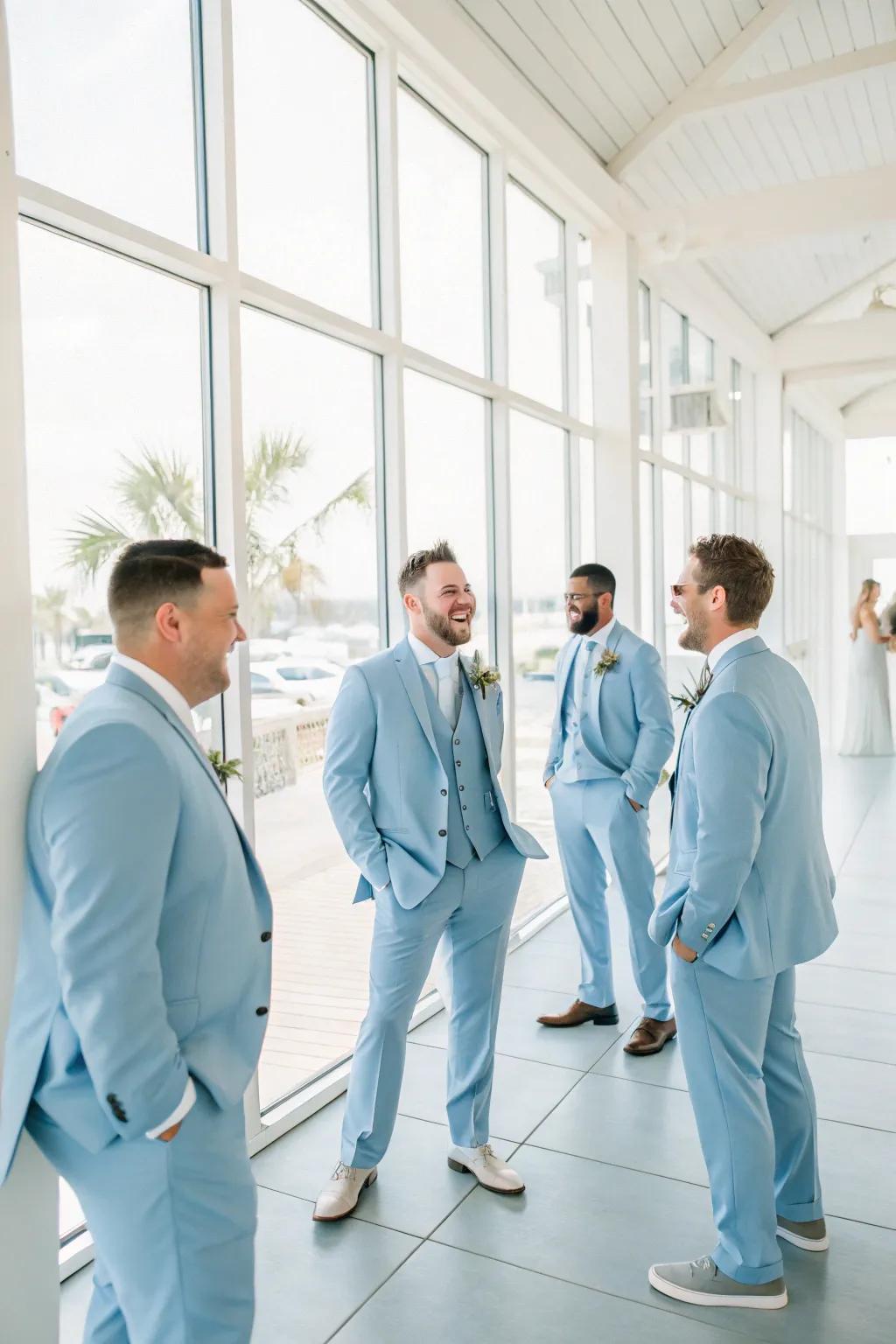 Delicate azure suits contribute a stylish element to the groomsmen's attire.