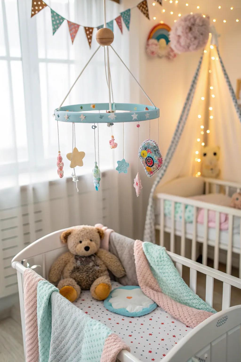 A delightful mobile introduces a playful and calming aspect.