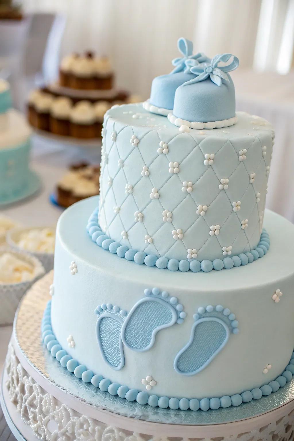 A sweet cake presenting tiny baby feet for a baby boy shower.