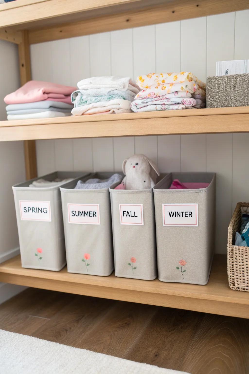 A rotating system helps manage baby clothes by size and season.
